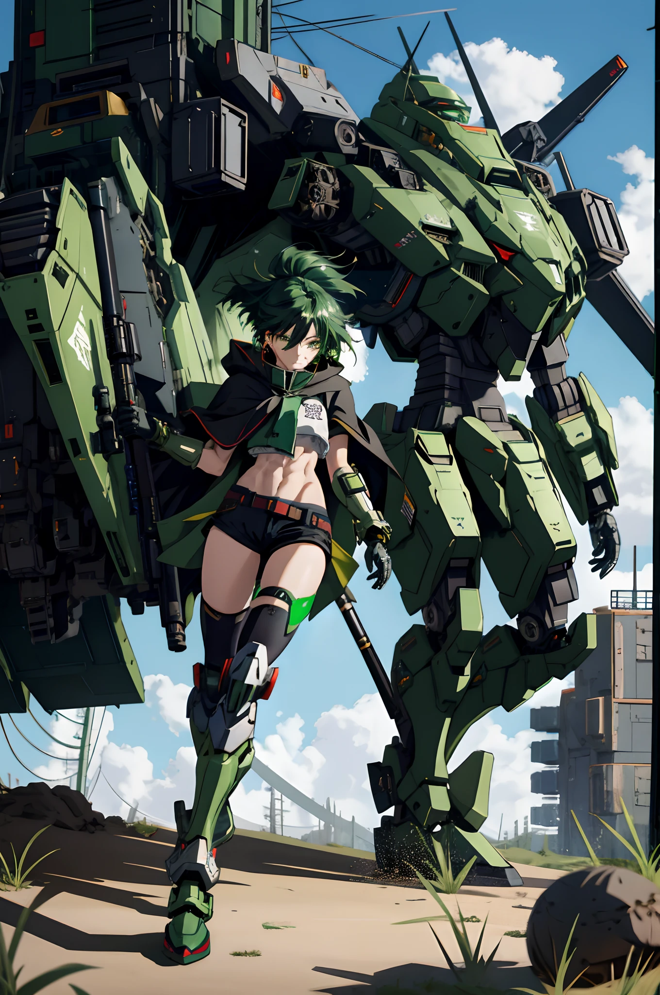 Anime girl sitting on the ground,Black cape and green hair, rogue anime girl, the anime girl is crouching, Wearing a cloak on the blasted plain, asuka suit under clothes!, holy cyborg necromancer girl, badass posture, mechanic punk outfit, anime styled 3d, render of a cute 3d anime girl, gapmoe yandere grimdark, Female character,musculature,Abs,Glowing green eyes,Black hair with green gradient,short detailed hair,Bunched hair,Dull hair,(1.5)Tomboyish,Be red in the face,looking at viewert,There was a mech next to her,One-eyed mech,The mech extends its shield to protect her,Round shield,Humanoid mech,Elaborate Eyes,The left leg is mechanical,Combat posture,Green bandeau,Black hot pants,Tall girls,By mecha