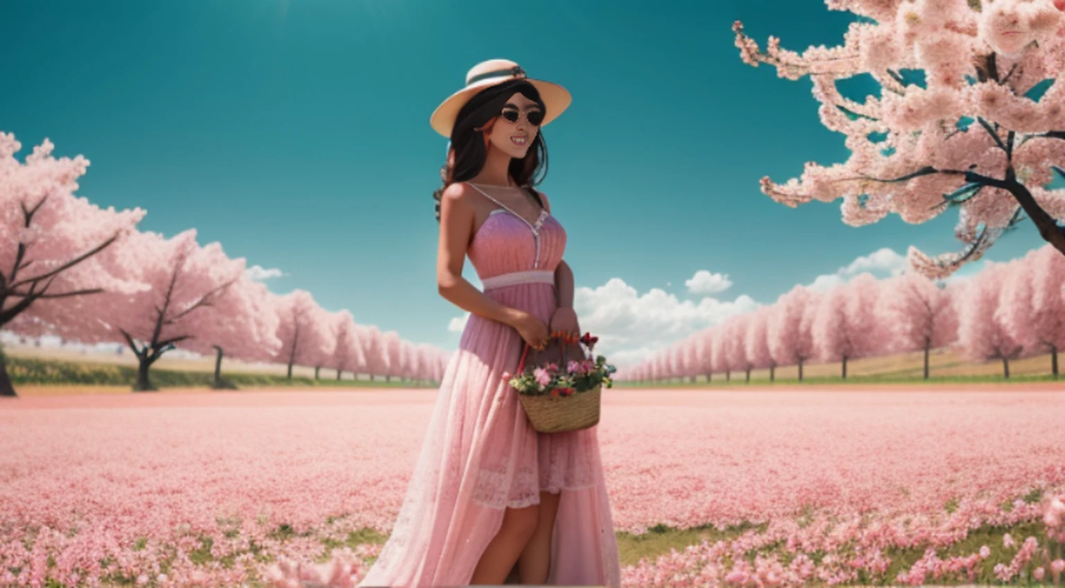 There is a beautiful woman standing in a field of cherry trees with a sun hat and wearing a pink halter dress, longos cabelos castanhos ondulados, wearing sunglasses, alto e magro, Beautiful, sorriso sutil, Standing in the field of cherry trees, standing in a flower field, Woman standing in cherry field, girl standing in a flower field, standing in a field with flowers, menina em um campo de flores, com campos de flores em primeiro plano, em um campo de flores, campos de flores, girl standing in flower field