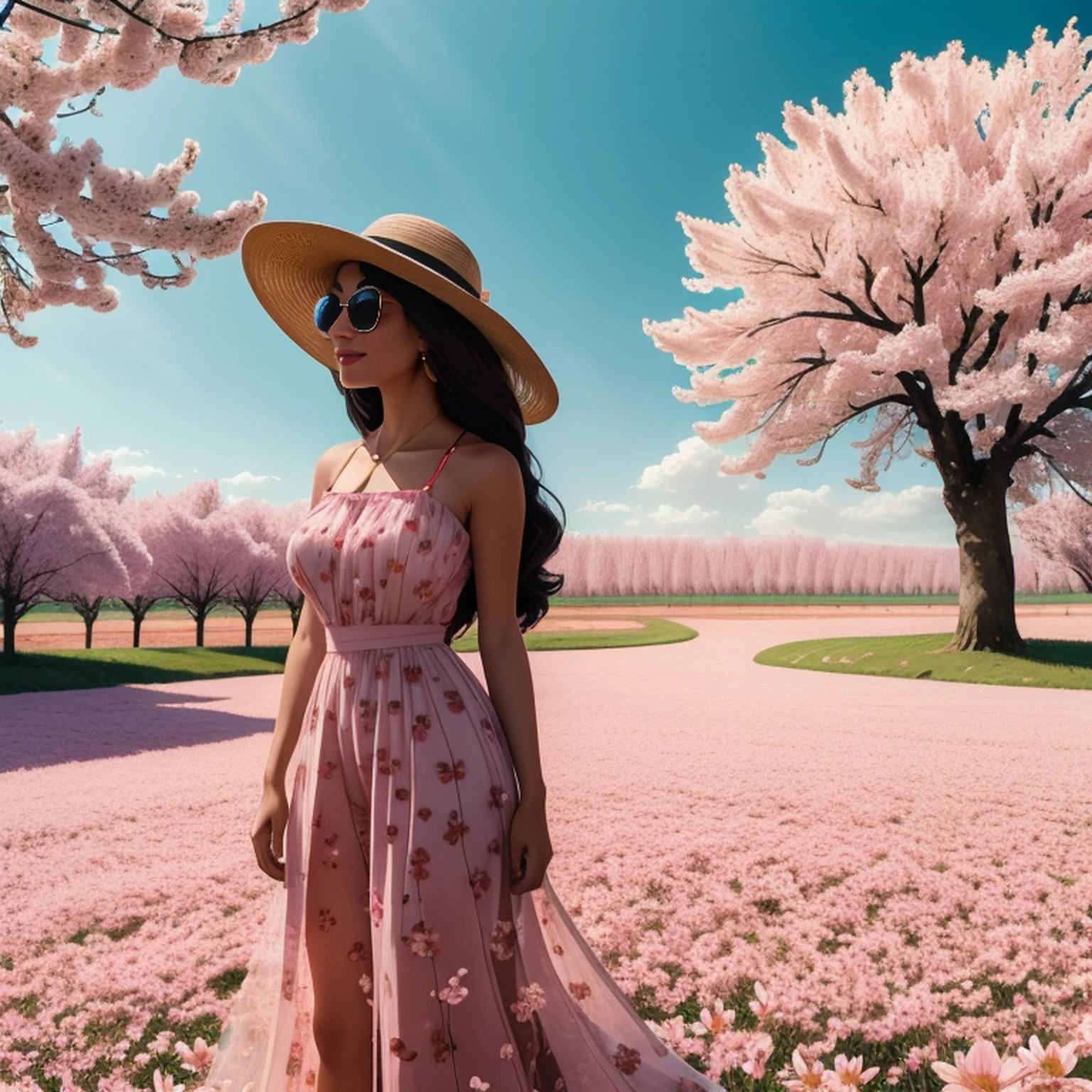 There is a beautiful woman standing in a field of cherry trees with a sun hat and wearing a pink halter dress, longos cabelos castanhos ondulados, wearing sunglasses, alto e magro, Beautiful, sorriso sutil, Standing in the field of cherry trees, standing in a flower field, Woman standing in cherry field, girl standing in a flower field, standing in a field with flowers, menina em um campo de flores, com campos de flores em primeiro plano, em um campo de flores, campos de flores, girl standing in flower field