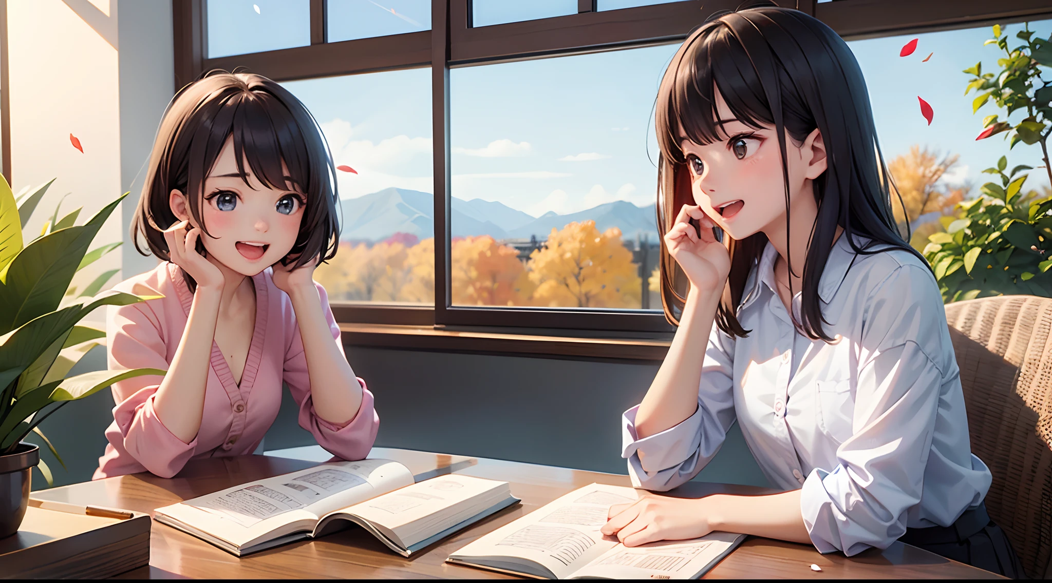 photoRealstic、A scene from a coming-of-age movie、Sit at your desk and enjoy studying with friends、Opens mouth and laughs、up of face、flower petals、season!!: 夏天☀ 🍂