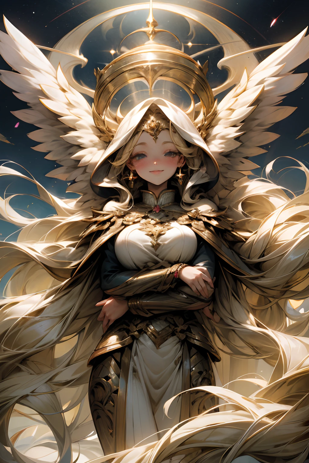 A divine goddess in the sky.、Beautuful Women、Super super huge big、smil、blond hair、extend one's arms wide、Sexy Clothing、full-length、