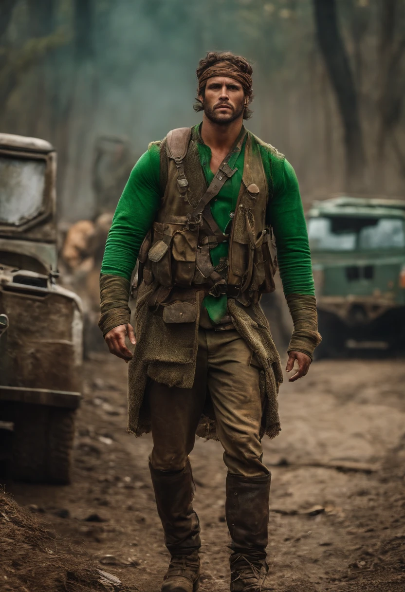 Homen com a pele verde e corpo grande, roupas rasgadas, borracha amarrada nos punhos, hd, foto realista, fantasia, Post-apocalyptic world