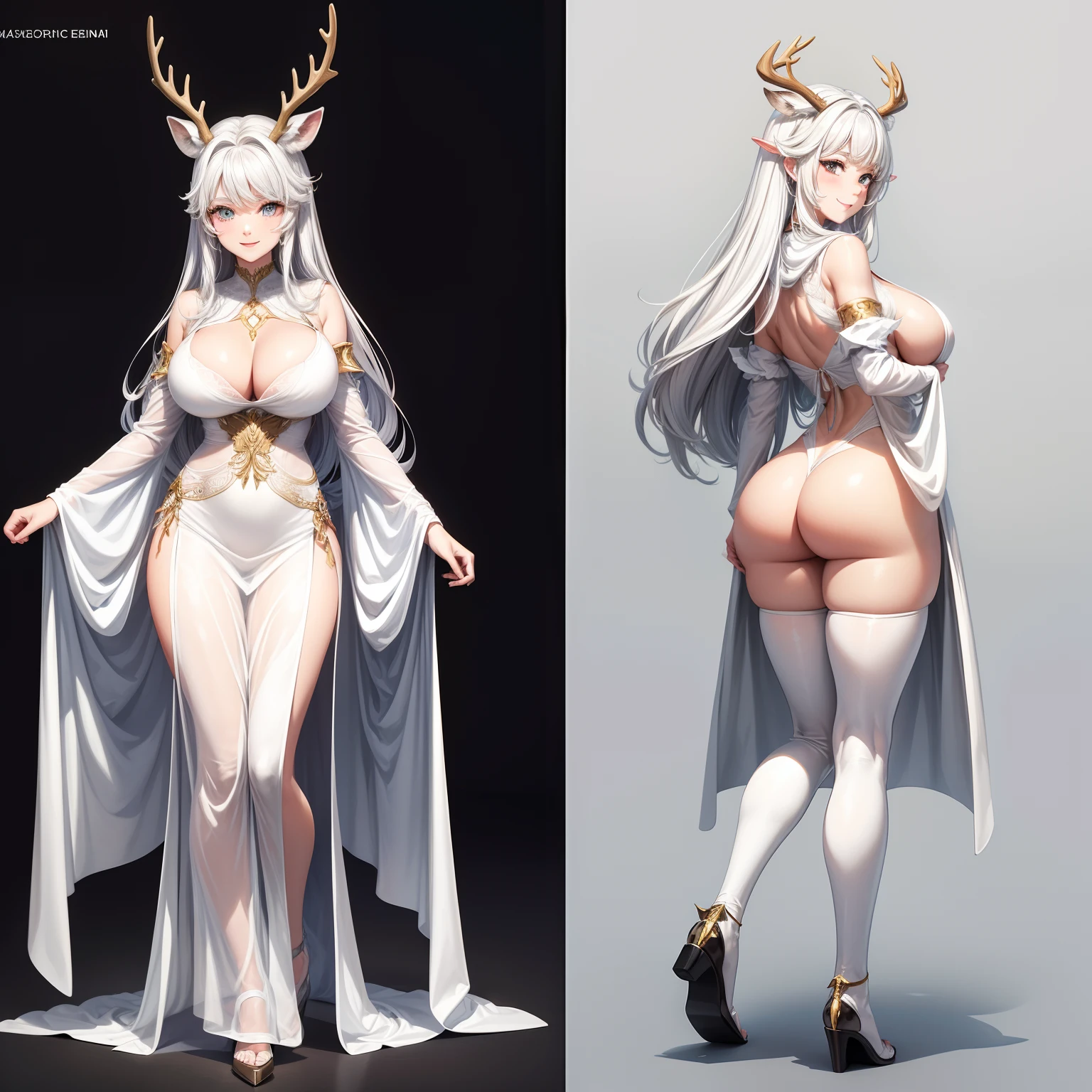 (obra-prima, melhor qualidade: 1.3),q Character reference sheet, (reference sheet of the same character, front, back, side), (front, back, face, side), druid woman, Very white and delicate skin, silver hair, eyes, very large hair, very large deer antlers, thin crown, white robes and very transparent, Araffe ass, big tight boobs, posing for photo, nordic style, smiling
