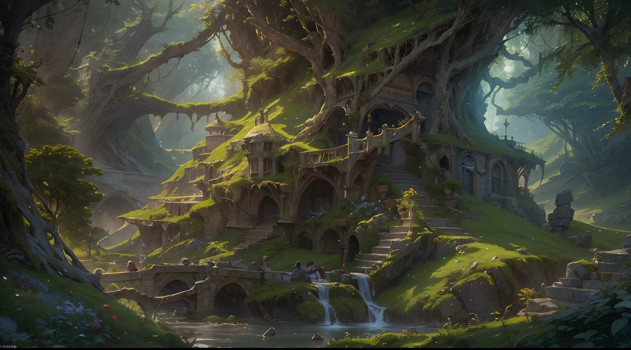 (by Greg Rutkowski: 1.2), (masterpiece), (best quality), extremely delicate and beautiful, illustration, (fantasy landscape), A mesmerizing fantasy landscape with enchanting elements blending seamlessly. (fantasy ancient forest), Providing a distant view that captures the grandeur and atmosphere. From Brian Froud and Carne Griffiths and Wadim Kashin and John William Waterhouse, 8K post-production, high resolution, hiper detailed, depth of field, HDR, intricate