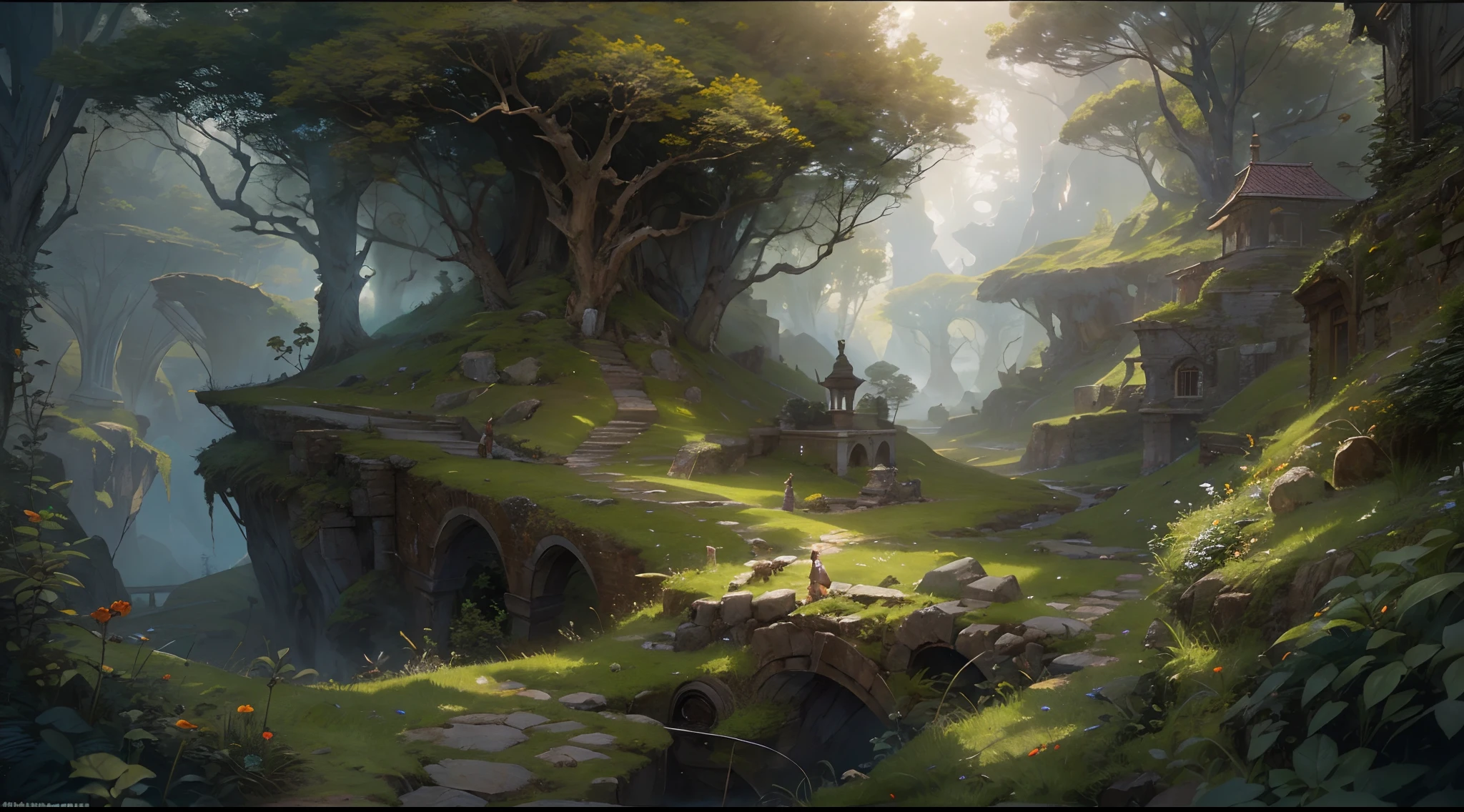 (by Greg Rutkowski: 1.2), (masterpiece), (best quality), extremely delicate and beautiful, illustration, (fantasy landscape), A mesmerizing fantasy landscape with enchanting elements blending seamlessly. (fantasy ancient forest), Providing a distant view that captures the grandeur and atmosphere. From Brian Froud and Carne Griffiths and Wadim Kashin and John William Waterhouse, 8K post-production, high resolution, hiper detailed, depth of field, HDR, intricate