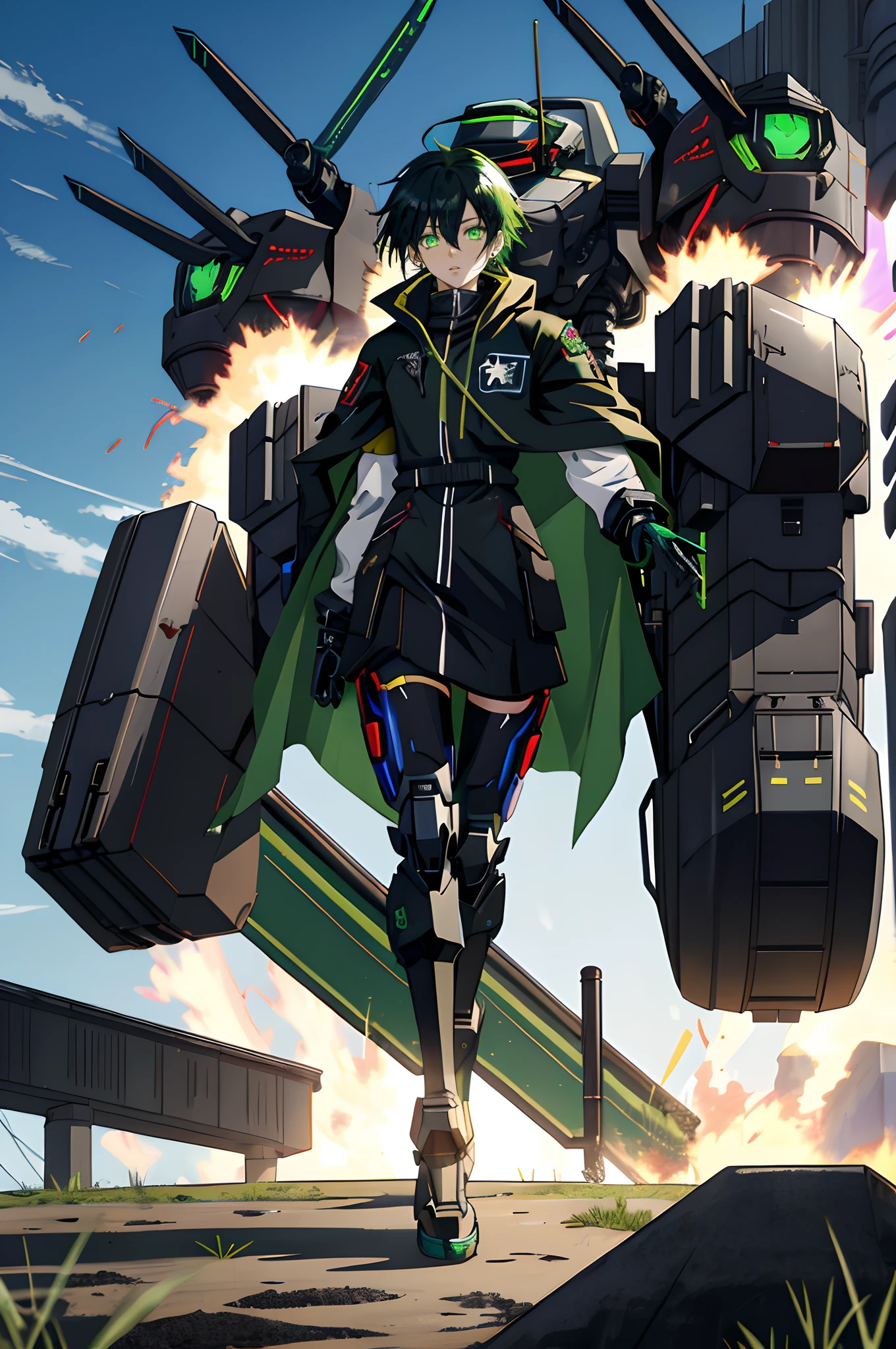 Anime girl sitting on the ground,Black cape and green hair, rogue anime girl, the anime girl is crouching, Wearing a cloak on the blasted plain, asuka suit under clothes!, holy cyborg necromancer girl, badass posture, mechanic punk outfit, anime styled 3d, render of a cute 3d anime girl, gapmoe yandere grimdark, Female character,musculature,Abs,Glowing green eyes,Black hair with green gradient,short detailed hair,Bunched hair,Dull hair,(1.5),Tomboyish,Be red in the face,looking at viewert,There was a mech next to her,One-eyed mech,The mech stretched out its wings to protect her,Mecha Dragon,Black color mecha,The mech came out of the hole,Elaborate Eyes,Black mechanical legs,There is a hole in the wall,huge tit