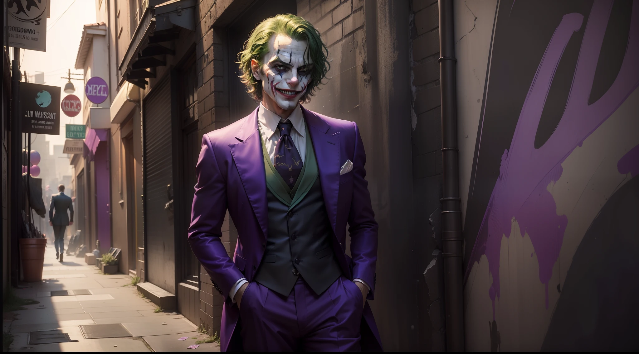 (8k, RAW photo, best quality, masterpiece:1.2), ultra detailed, official art, photo-realistic:1.37, upper body shot, DC Joker, film grain, action pose