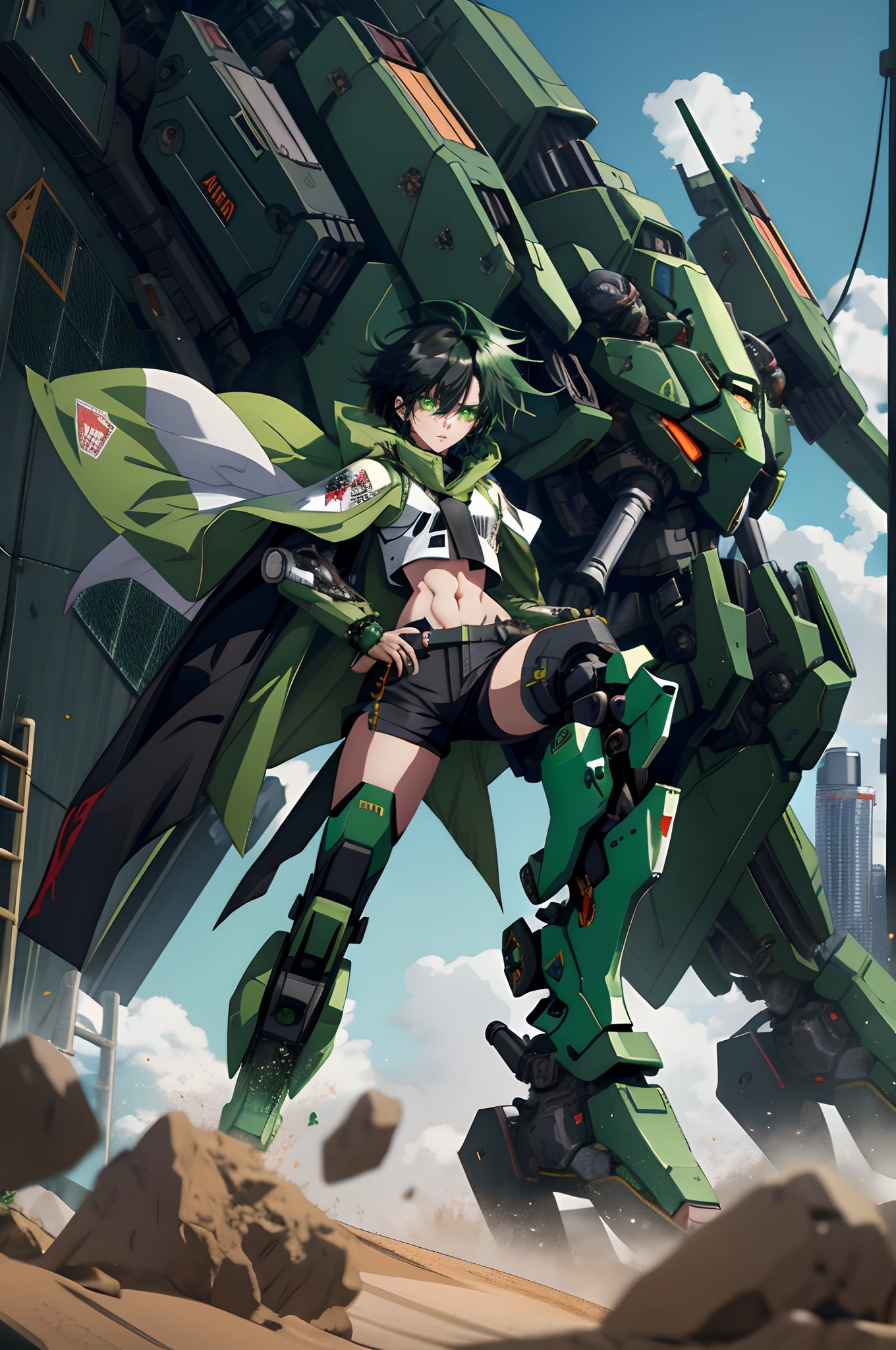 Anime girl sitting on the ground,Black cape and green hair, rogue anime girl, the anime girl is crouching, Wearing a cloak on the blasted plain, asuka suit under clothes!, holy cyborg necromancer girl, badass posture, mechanic punk outfit, anime styled 3d, render of a cute 3d anime girl, gapmoe yandere grimdark, Female character,musculature,Abs,Glowing green eyes,Black hair with green gradient,short detailed hair,Bunched hair,Dull hair,(1.5)Tomboyish,Be red in the face,looking at viewert,There was a mech next to her,One-eyed mech,The mech extends its shield to protect her,Round shield,Humanoid mech,Elaborate Eyes,The left leg is mechanical,Combat posture,Green bandeau,Black hot pants,Tall girls,By mecha