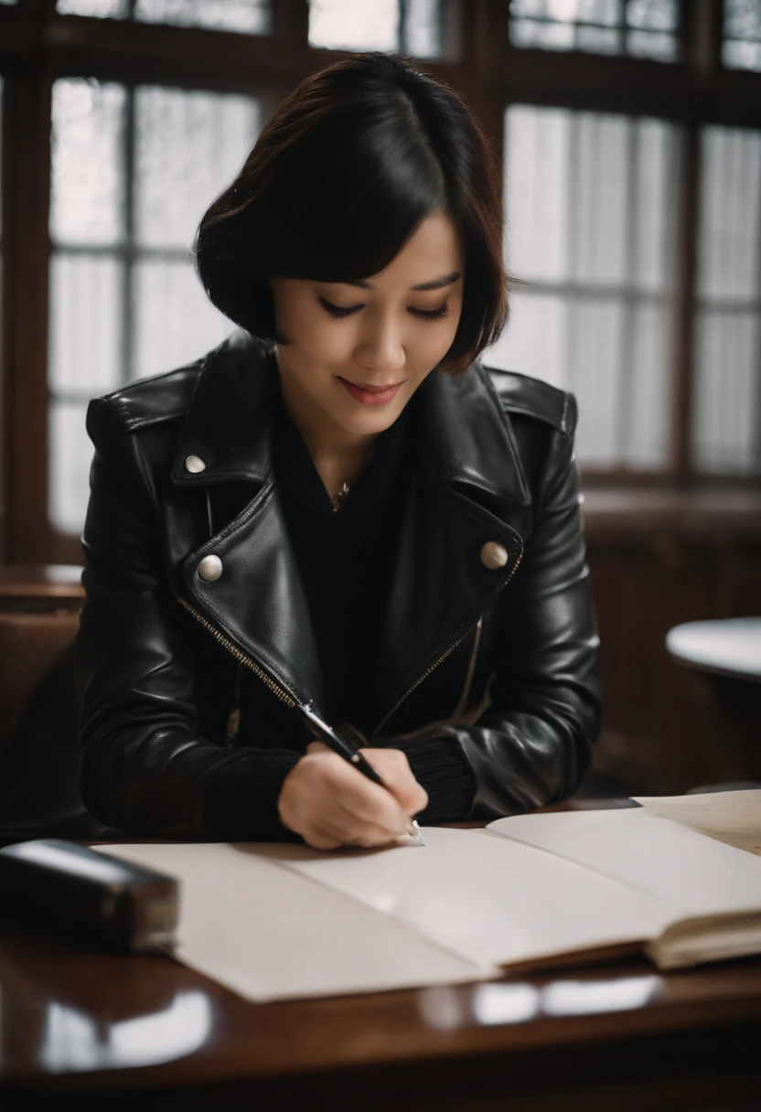 Wearing black leather gloves in both hands, upper body, black leather rider's jacket, facing the desk in the study, looking down and smiling, writing a letter using a fountain pen, black hair long straight, young Japanese woman (black leather gloves are close to both hands)