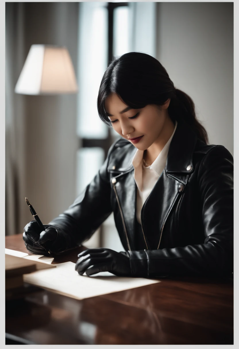 Wearing black leather gloves in both hands, upper body, black leather rider's jacket, facing the desk in the study, looking down and smiling, writing a letter using a fountain pen, black hair long straight, young Japanese woman (black leather gloves are close to both hands)