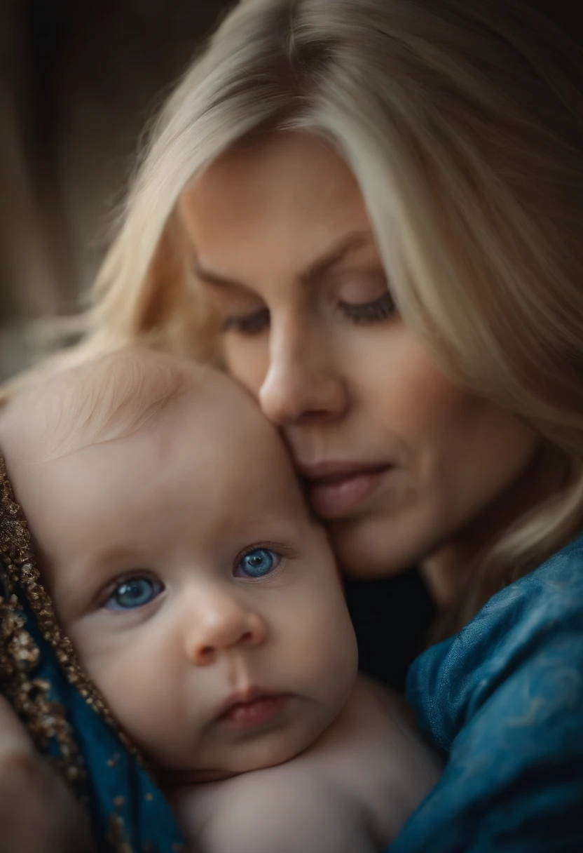 Blonde woman and blue eyes with baby on her lap