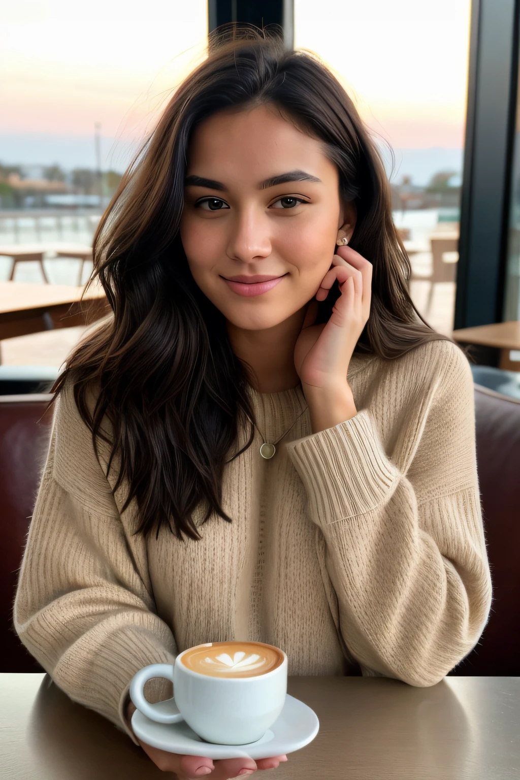 beautiful blonde wearing beige sweater (Sit down coffee inside a modern café at sunset), very detailed, 21 years old, innocent face, natural wavy black hair long, blue eyes, high resolution, masterpiece, best quality, intricate details, highly detailed, sharp focus, detailed skin, realistic skin texture, texture, detailed eyes, professional, 4k, charming smile, shot on Canon, 85mm, shallow depth of field, kodak vision color, perfect fit body, extremely detailed, foto_\(ultra\), photorealistic, realistic, post-processing, maximum detail, roughness, real life, ultra realistic, photorealism, photography, 8k uhd, photography