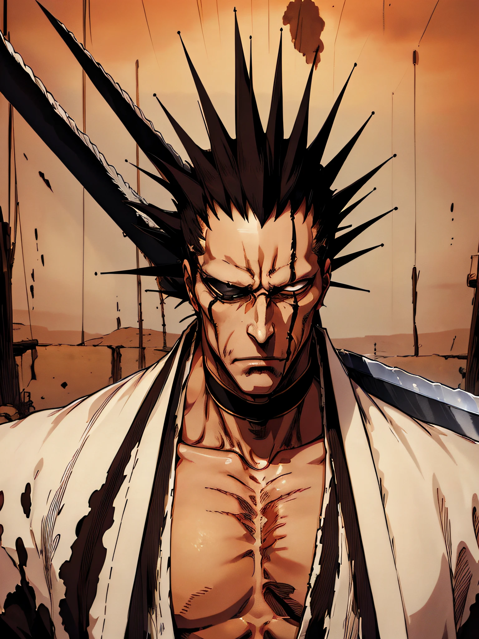 masterpiece, best quality, Kenpachi Zaraki, spiked hair, sword, japanese clothes,