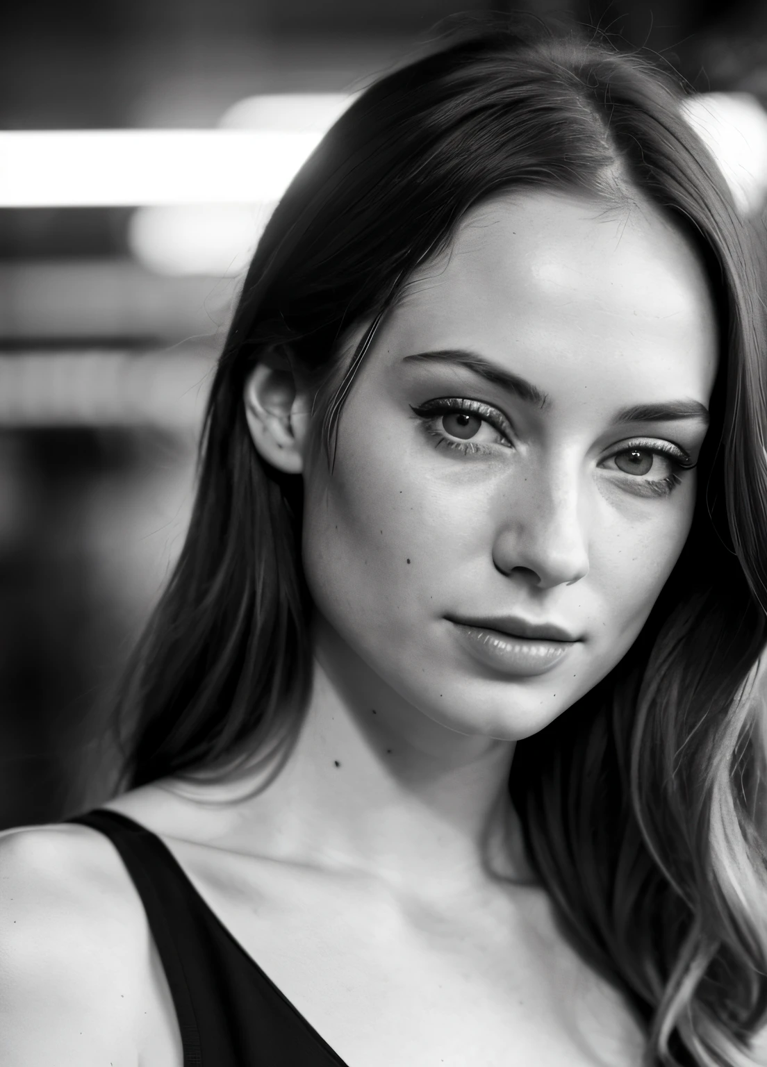 photo of sks woman, pale skin, working class in new york city, upper body, detailed skin, 20 megapixel, canon eos r3, detailed skin, detailed, detailed face, black and white