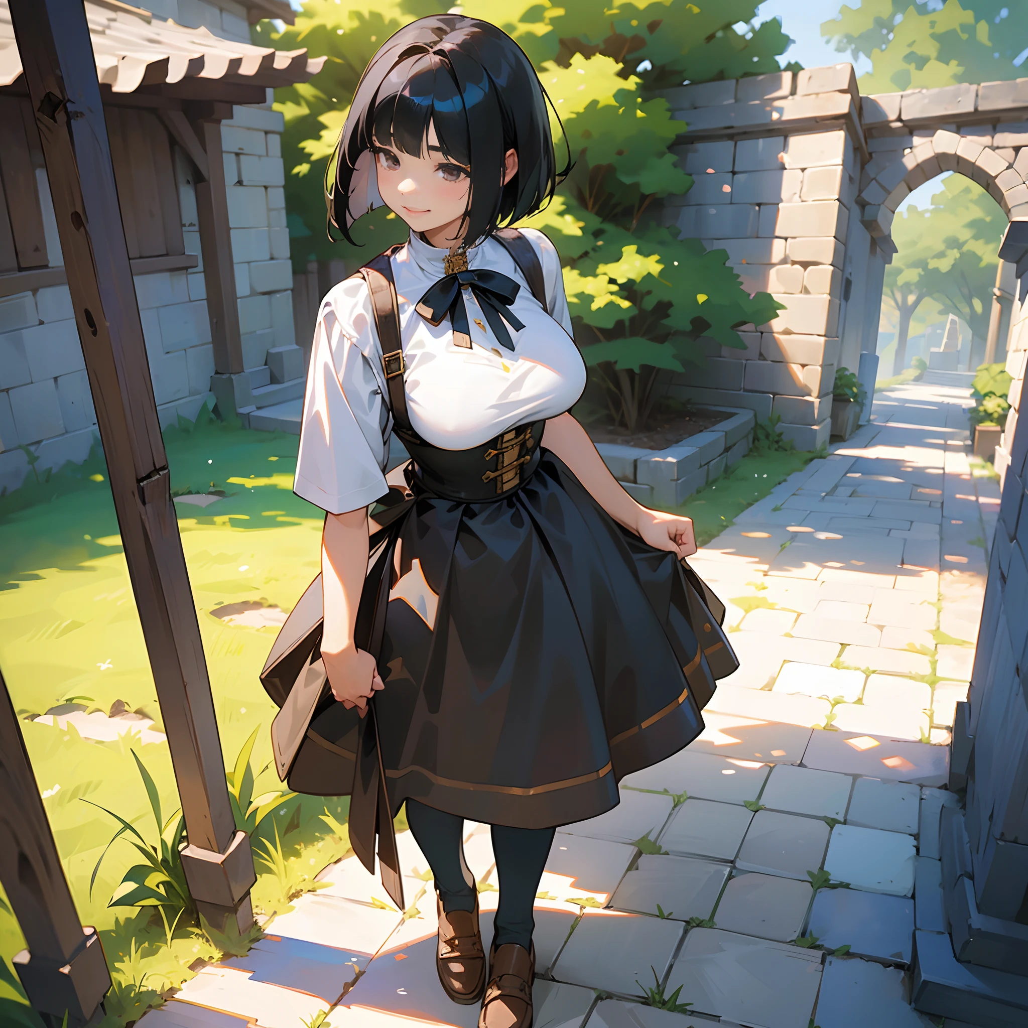 With the best image quality、Teenage girl standing alone outdoors。In high resolution、Beautiful fine details、tranquil atmosphere。((Black Hair Bob Hair))、Cute smile。(((breasts are large)))、I don't have anything in my hands、realistic hand、Medieval European national costume with short sleeves、Medieval European Streets、Leather shoes。