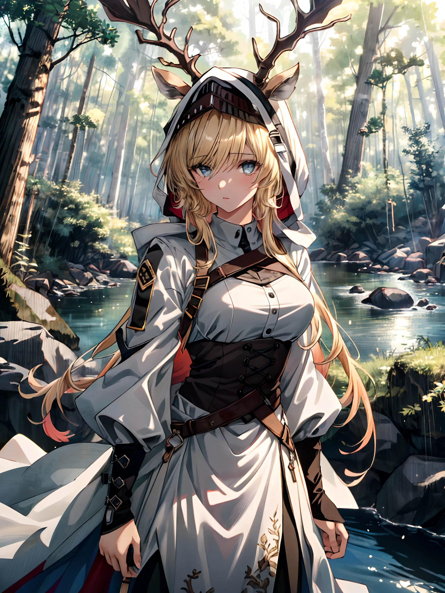 (((Masterpiece))),(incredibly_absurderes),(Best quality),(A high resolution),(Highly detailed),((CG unity 8k wallpaper)), ((Best quality)), 8K, high detal, Ultra-detailed, Detailed and intricate, 1girll, blond hairbl, shirt, River, forest, vivd colour,