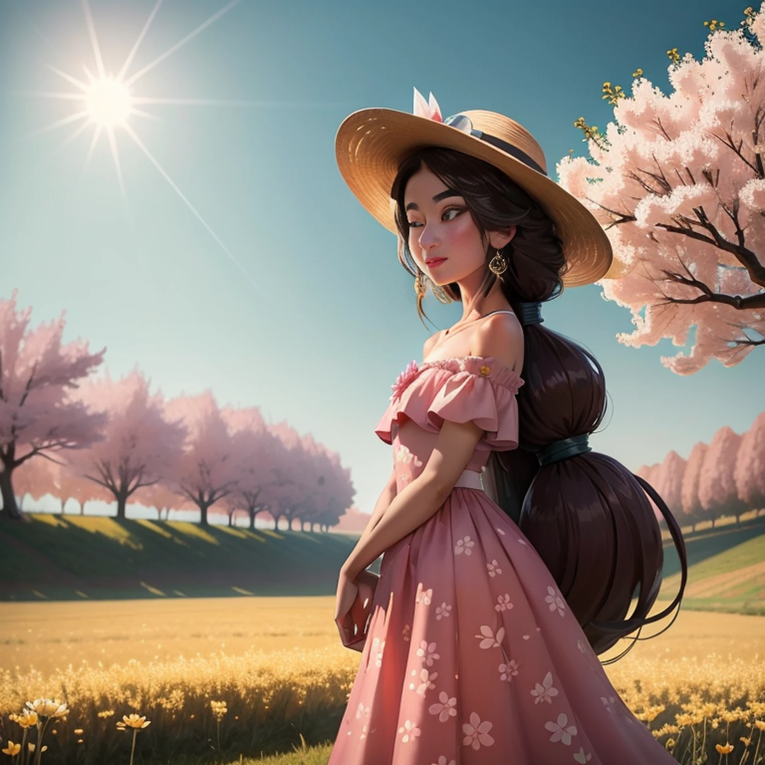 There is a beautiful Chinese woman standing in a field of cherry trees with a sun hat and wearing a pink halter dress, longos cabelos castanhos ondulados, wearing sunglasses, alto e magro, Beautiful, sorriso sutil, Standing in the field of cherry trees, standing in a flower field, Woman standing in cherry field, girl standing in a flower field, standing in a field with flowers, menina em um campo de flores, com campos de flores em primeiro plano, em um campo de flores, campos de flores, girl standing in flower field