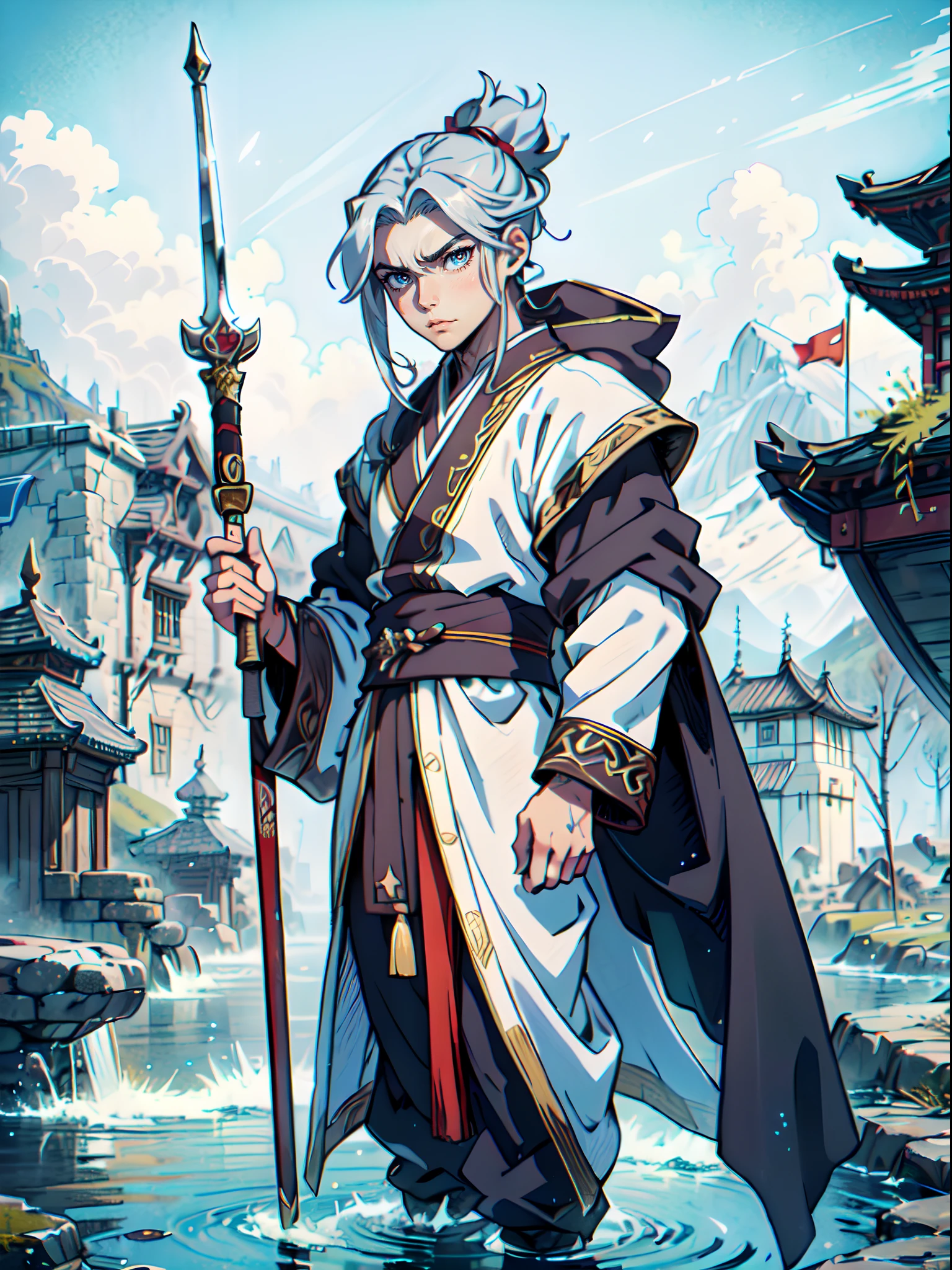 Ultra High Definition, Ultra High Quality, Extremely Detailed, Perfectly Detailed, Masterpiece, 8k, 1 Boy, Look A Like Xin From Kingdom Anime, Handsome, Equipped With Chinese Emperor Silk Clothes, Chrome White Eyes, Long Silver Hair Tied, Holding A Perfectly Detailed Excalibur, Full Body Shot, Masculine, Ancient Terrains Background