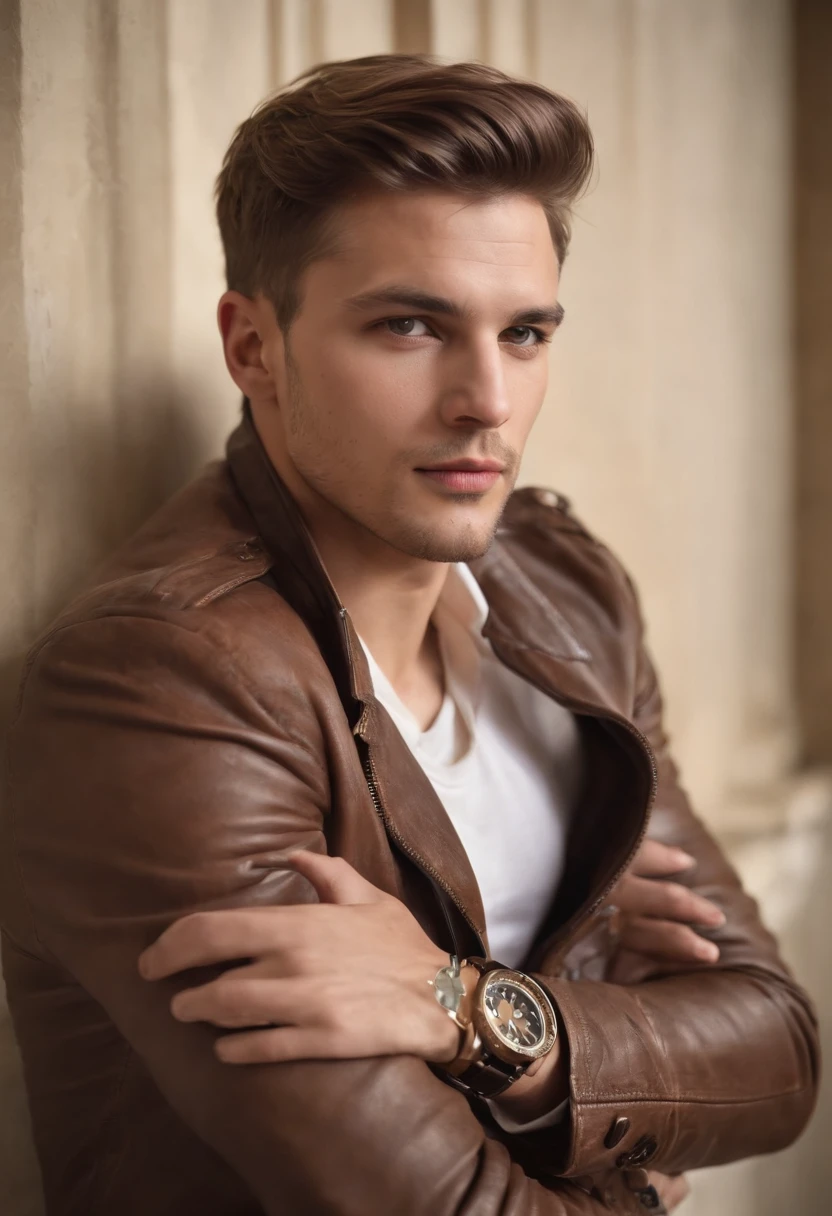 Um homem vestindo uma jaqueta de couro marrom elegante, andrzej sykut, Ultra High Definition Image, punk watch, studio photography, precision (mid closeup), rosto bonito, rosto claro