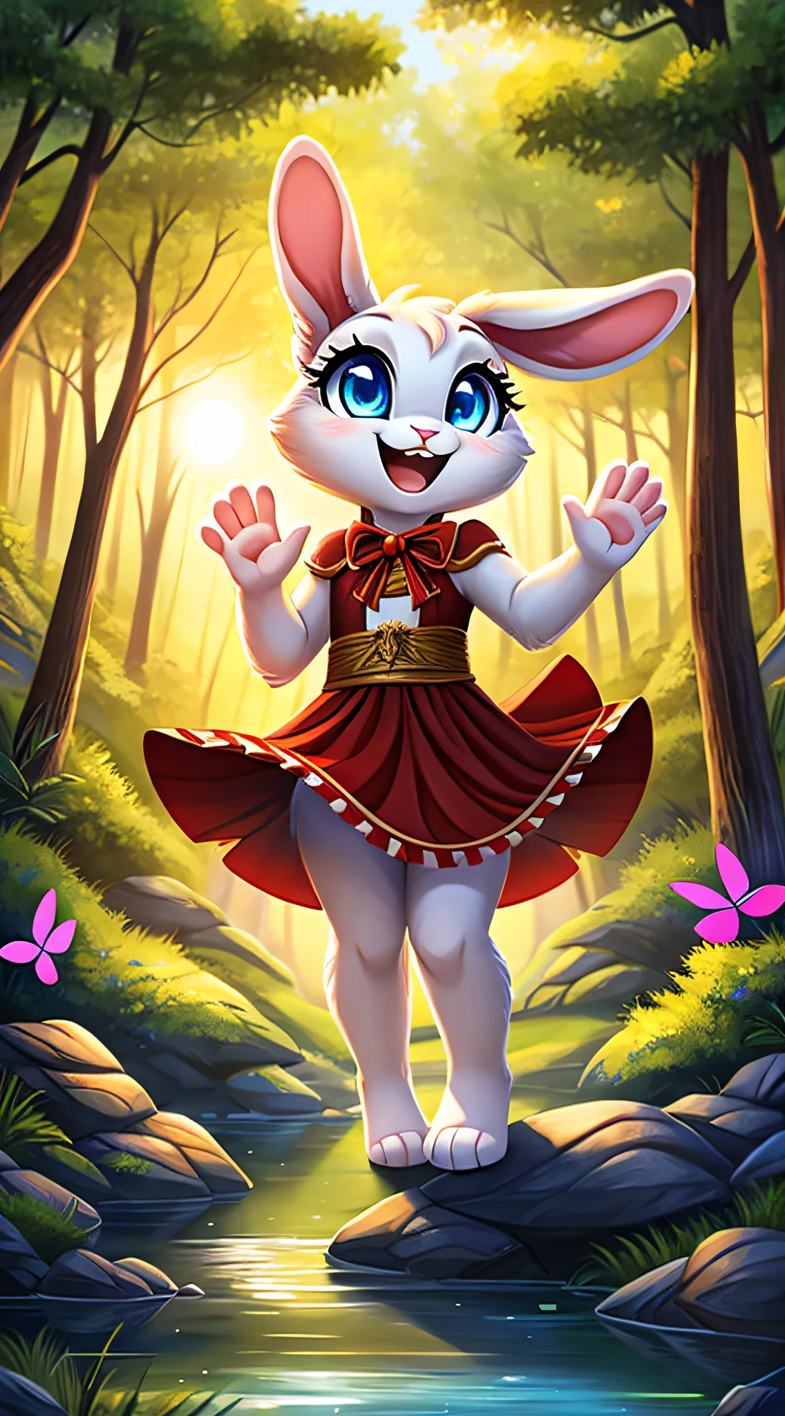 zoomed out image, fantasy style art, cute, adorable, small and tiny little fluffy female white bunny with blue eyes, big floppy ears, long eyelashes, wearing a red frilly ribbon dress, excitedly waving hello, standing tiptoe on one foot, smiling in a forest, next to a creek, big expressive smile, open mouth, wide eyes, excited eyes, excited face, stunning visuals, sun coming through the trees, colorful butterflies, digital illustration