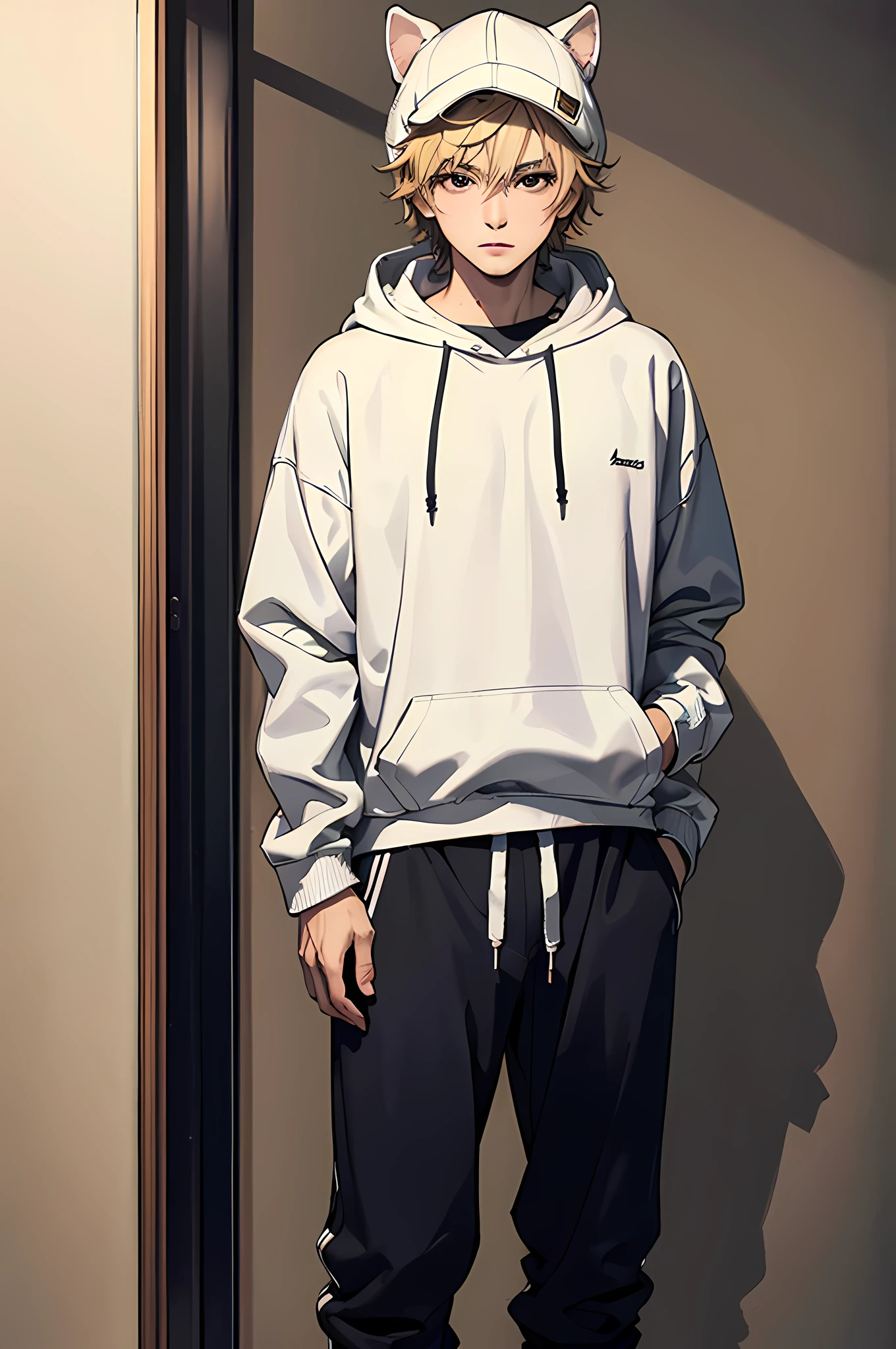 best quality,masterpiece,original,extremely detailed wallpaper,looking at viewer,1boy,solo,male,male focus,blonde hair,messy hair,white hoodie,black joggers,black eyes,white animal hat,standing
