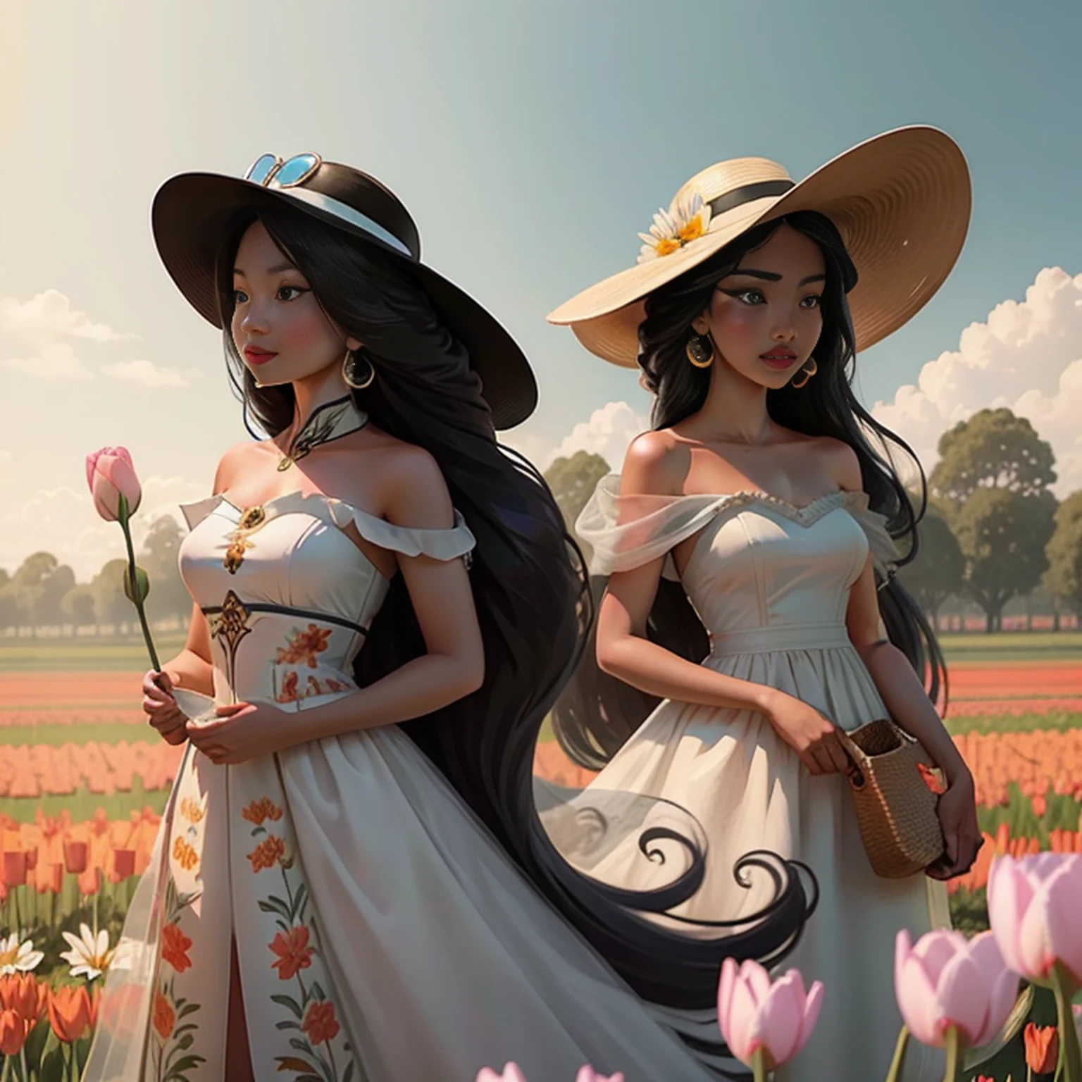 There is a beautiful Chinese woman standing in a field of tulips with a sun hat and wearing a white halter dress, longos cabelos castanhos ondulados, wearing sunglasses, alto e magro, Beautiful, sorriso sutil, Standing in the field of tulips, standing in a flower field, Woman standing in tulip field, girl standing in a flower field, standing in a field with flowers, ****** em um campo de flores, com campos de flores em primeiro plano, em um campo de flores, campos de flores, girl standing in flower field