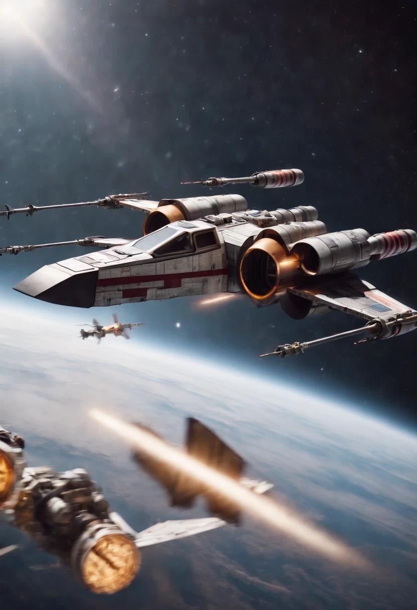 Xwing fighter as a big crewed cargo ship flying through space
