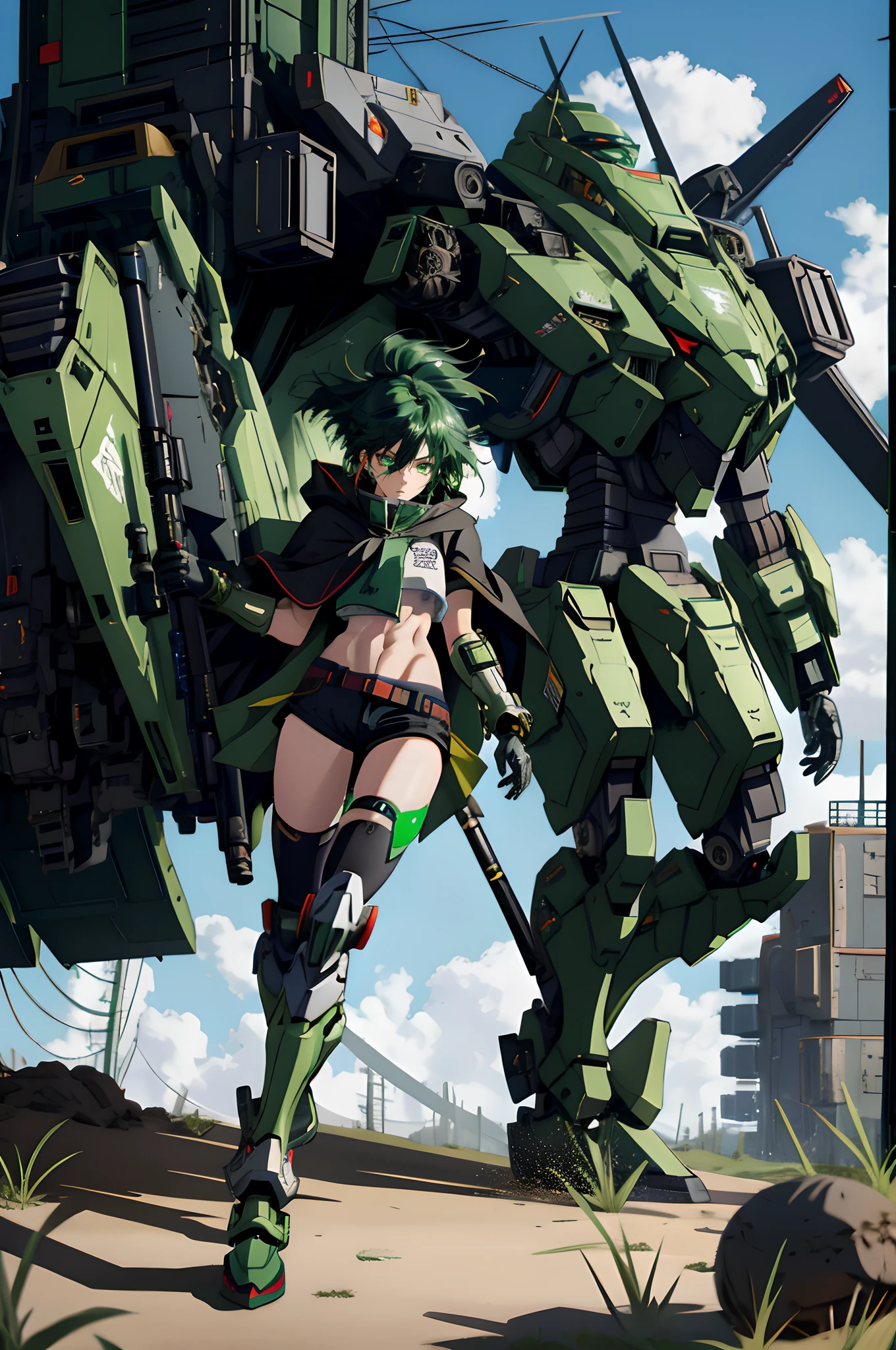 Anime girl sitting on the ground,Black cape and green hair, rogue anime girl, the anime girl is crouching, Wearing a cloak on the blasted plain, asuka suit under clothes!, holy cyborg necromancer girl, badass posture, mechanic punk outfit, anime styled 3d, render of a cute 3d anime girl, gapmoe yandere grimdark, Female character,musculature,Abs,Glowing green eyes,Black hair with green gradient,short detailed hair,Bunched hair,Dull hair,(1.5)Tomboyish,Be red in the face,looking at viewert,There was a mech next to her,One-eyed mech,The mech extends its shield to protect her,Round shield,Humanoid mech,Elaborate Eyes,The left leg is mechanical,Combat posture,Green bandeau,Black hot pants,Tall girls,By mecha