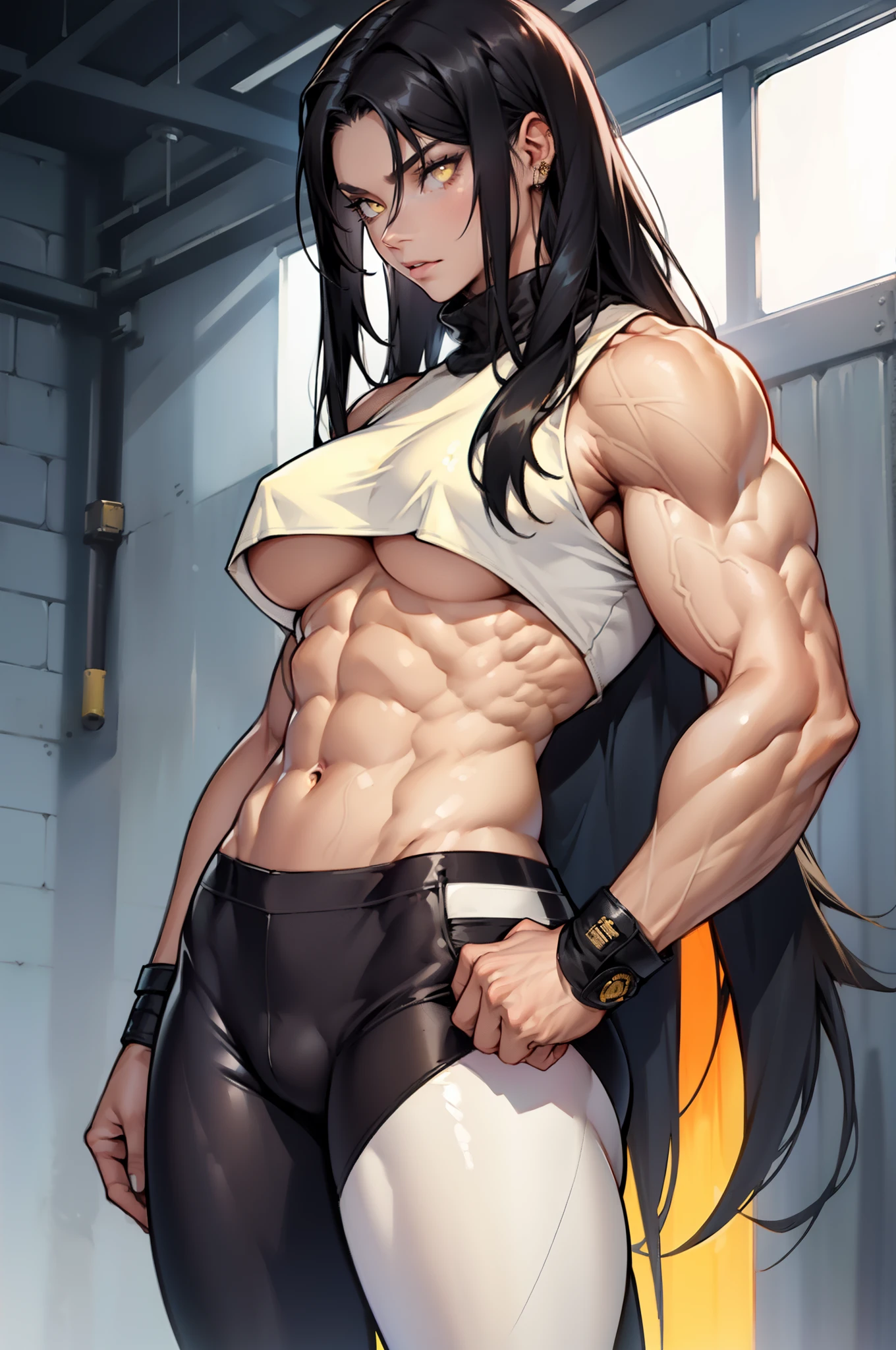 ((((((1 girl)))))), black hair, yellow eyes, very long hair, ((((((muscular)))))), tall, pale skin, (underboob and leggings), (solo), (seductive expression), cowboy shot