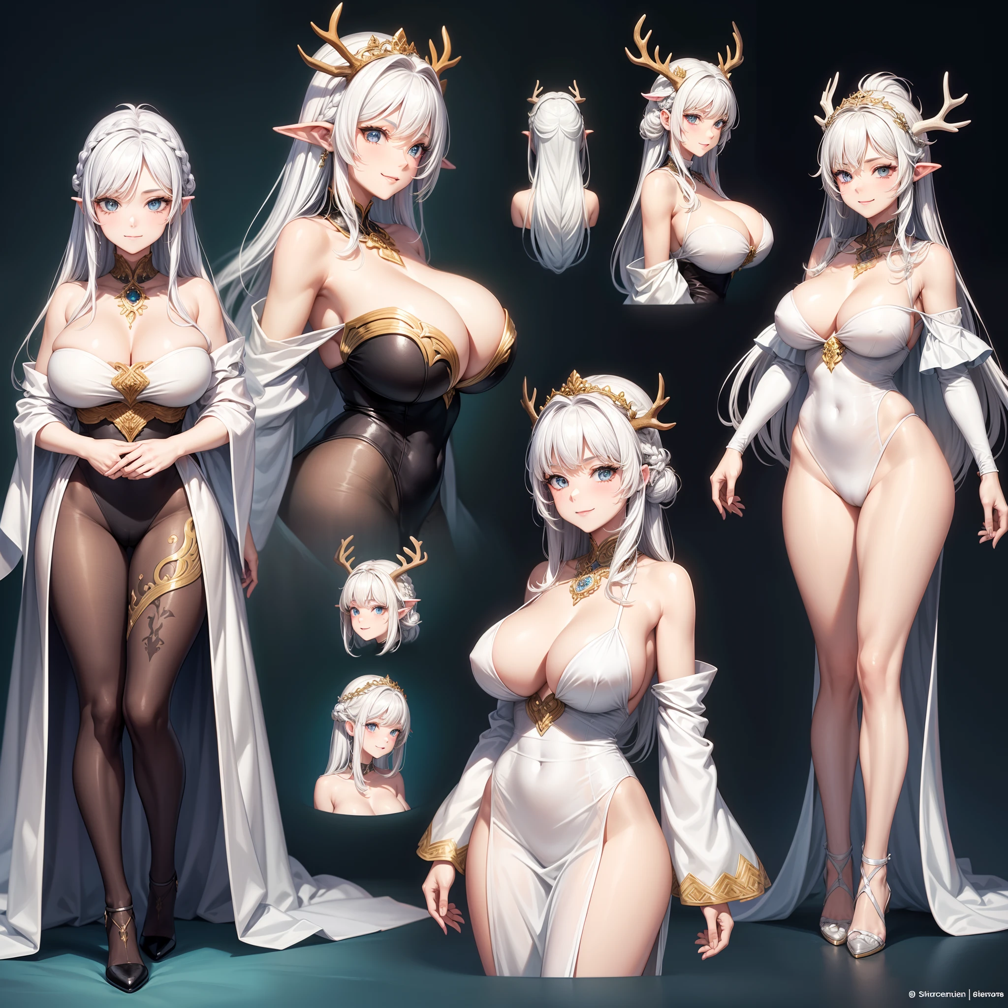 (obra-prima, melhor qualidade: 1.3),q Character reference sheet, (reference sheet of the same character, front, back, side), (front, back, face), druid woman, Very white and delicate skin, silver hair, eyes, very large hair, very large deer antlers, thin crown, white robes and very transparent, Araffe ass, big tight boobs, posing for photo, nordic style, smiling