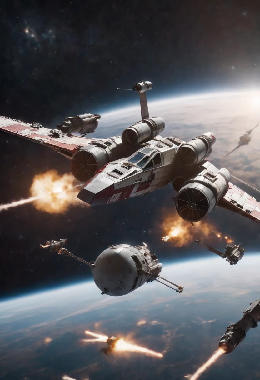 Xwing fighter as a big crewed cargo ship flying through space