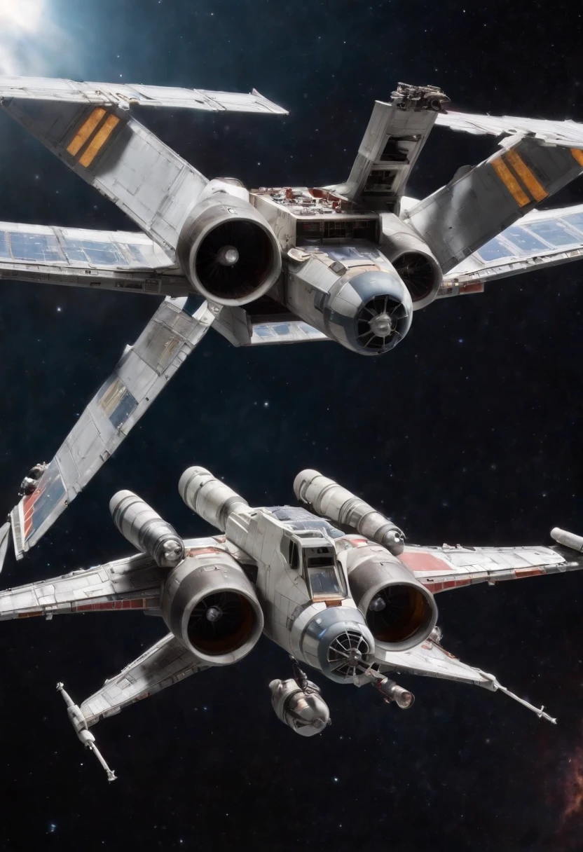 Xwing fighter as a big crewed cargo ship flying through space