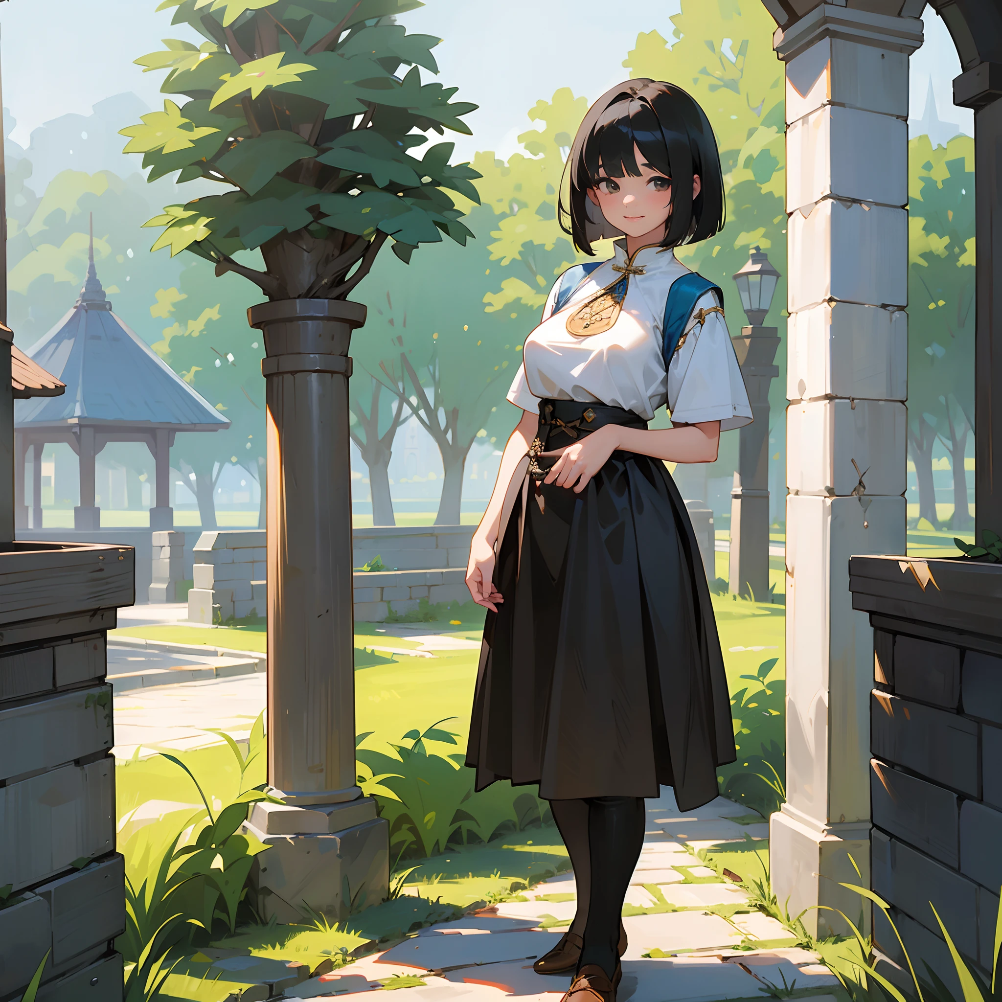With the best image quality、Teenage girl standing alone outdoors。In high resolution、Beautiful fine details、tranquil atmosphere。((Black Hair Bob Hair))、Cute smile。(((breasts are large)))、I don't have anything in my hands、realistic hand、Medieval European national costume with short sleeves、Medieval European Streets、Leather shoes。