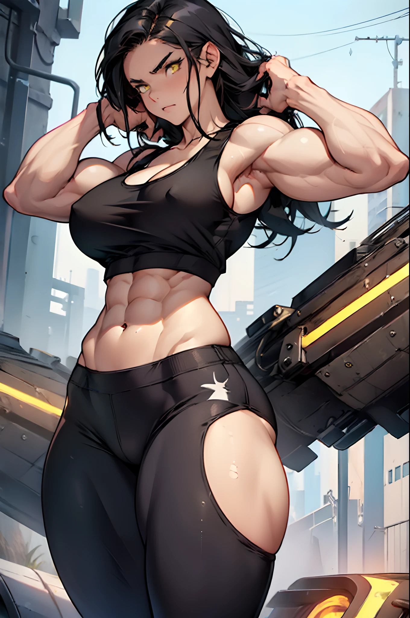 (((((((1 girl))))))), ((((((muscular)))))), black hair, yellow eyes, pale skin, solo, very long hair, curvy, wide hips, thick thighs, huge breasts, (tank top and leggings), angry, navel, midriff abs