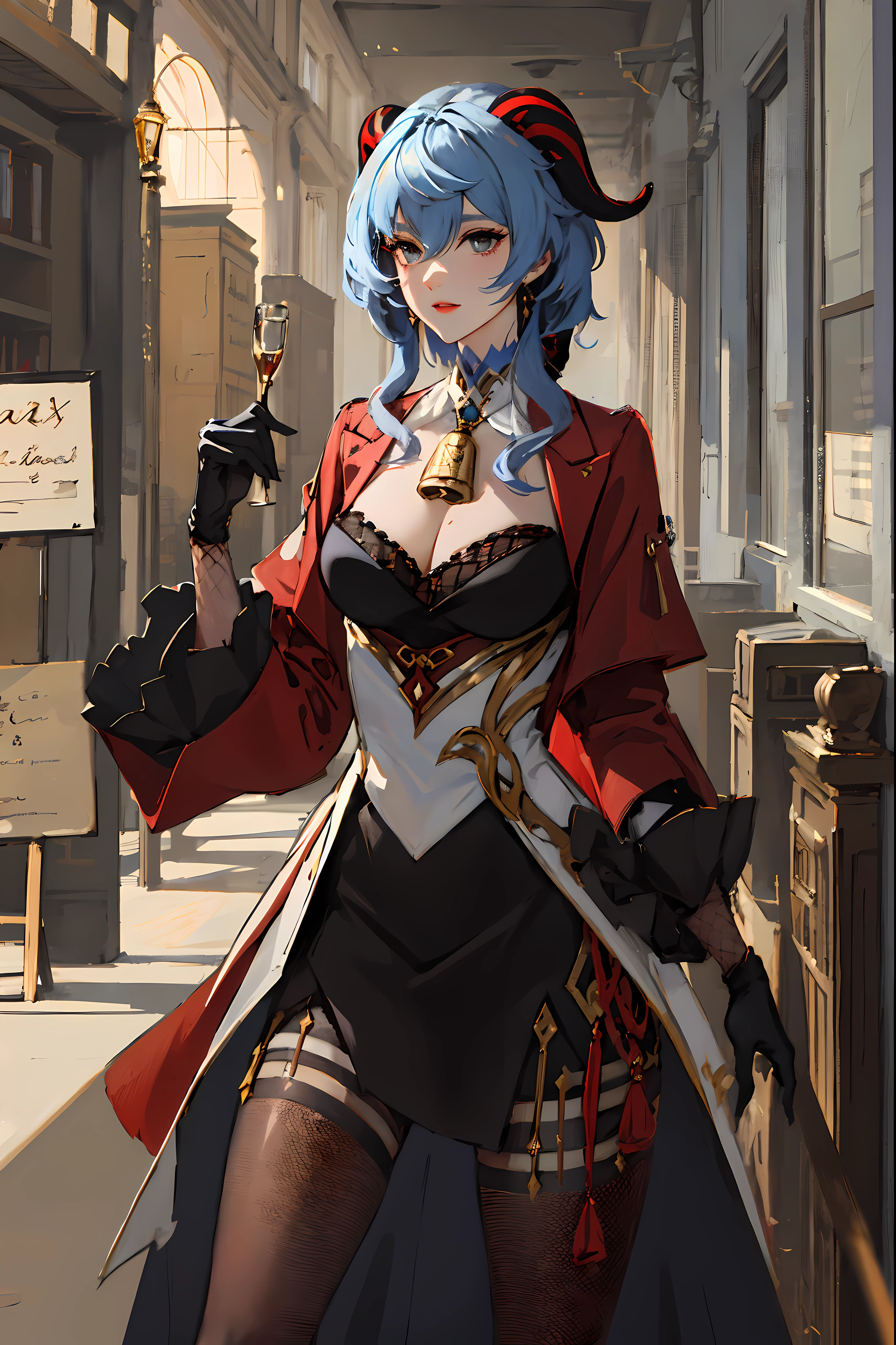 (masterpiece:1.2, best quality), (real picture), (1lady, solo, full body shot, modest tits), absurd resolution, anime, detailed face,
Clothes: butler suit, female, cowbell necklace, black gloves, wearing edgShort&Fishnets,
Appearance: ganyu \(genshin impact\), twin horns, anatomy details,
Values: individuality, authenticity, creative expression,
Inspirations: victorian icons, steampunk, librarian,
Personality traits: bold, daring, friendly.