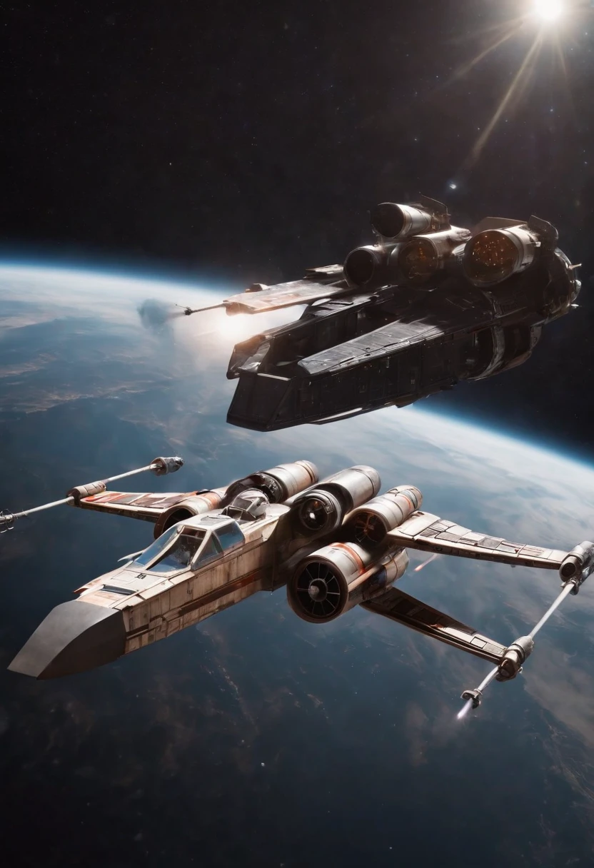 Xwing fighter as a big crewed cargo ship flying through space