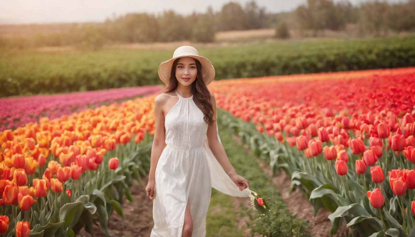 There is a beautiful Chinese woman standing in a field of tulips with a sun hat and wearing a white halter dress, longos cabelos castanhos ondulados, wearing sunglasses, alto e magro, Beautiful, sorriso sutil, Standing in the field of tulips, standing in a flower field, Woman standing in tulip field, girl standing in a flower field, standing in a field with flowers, menina em um campo de flores, com campos de flores em primeiro plano, em um campo de flores, campos de flores, girl standing in flower field