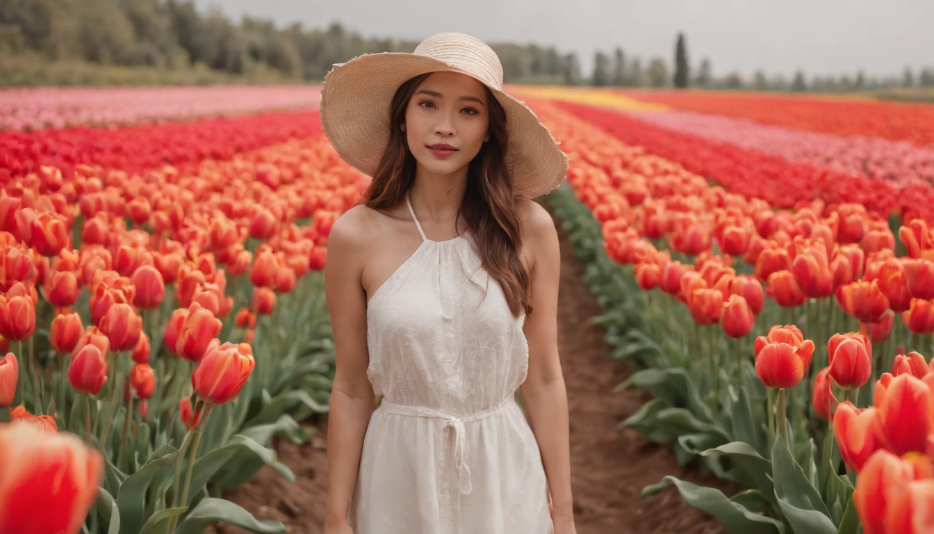 There is a beautiful Chinese woman standing in a field of tulips with a sun hat and wearing a white halter dress, longos cabelos castanhos ondulados, wearing sunglasses, alto e magro, Beautiful, sorriso sutil, Standing in the field of tulips, standing in a flower field, Woman standing in tulip field, girl standing in a flower field, standing in a field with flowers, menina em um campo de flores, com campos de flores em primeiro plano, em um campo de flores, campos de flores, girl standing in flower field