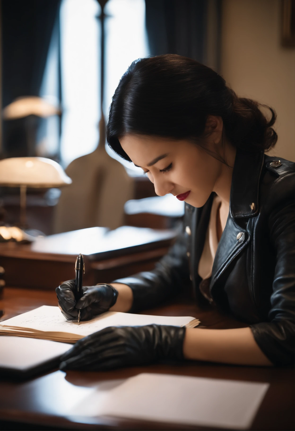 Wearing black leather gloves in both hands, upper body, black leather rider's jacket, facing the desk in the study, looking down and smiling, writing a letter using a fountain pen, black hair long straight, young Japanese woman (black leather gloves are close to both hands)