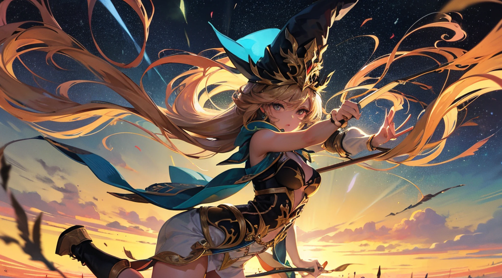 I present to you a masterpiece of art that transcends excellence, with an ultra-sophisticated level of detail. This illustration, portraying a lonely girl immersed in a fantasy world, it's truly stunning. Em seu voo gracioso, She rides a magical broom against the backdrop of the night sky., immersed in the magic of spells. A lua brilha intensamente, while stars dot the horizon and clouds dance to the rhythm of the wind.
Her flowing hair is a sight to behold., assim como sua capa, Hat and boots, complementando perfeitamente o visual. The broom in his hands glows with a mysterious charm, adding an aura of fascination and playfulness to the scene. Ela personifica aventureira, bringing with it a sense of freedom, Wonder and imagination. His determination and skill are evident in his posture and agile movement, irradiando energia e rapidez.
The realistic and naturalistic artistic approach of this illustration perfectly captures the figurative and representational elements. The beauty of this fantasy world is enhanced by its rich culture, mitologia e contos de fadas, envolvendo bruxas, Wizards and magical creatures. These fantastic elements merge harmoniously, transporting us to imaginary worlds of wonder.
The composition of this work is carefully planned, com uma escala que enaltece a protagonista. O primeiro plano, middle ground and background are expertly crafted to create an engaging perspective. A luz, color and texture are meticulously applied, aprimorando cada detalhe para destacar a beleza e a maravilha da cena.
This illustration is a true celebration of imagination and creativity, onde a beleza e o encanto ganham vida. --auto