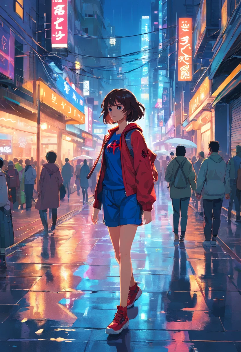 master part, best quality, Spider-Man из Marvel Comics, Armadura de corpo inteiro, sozinho, azul e branco, Meia-noite, Escuro, Rua Neon, Cityscape, Cyberpunk, vector illustration, chuva forte