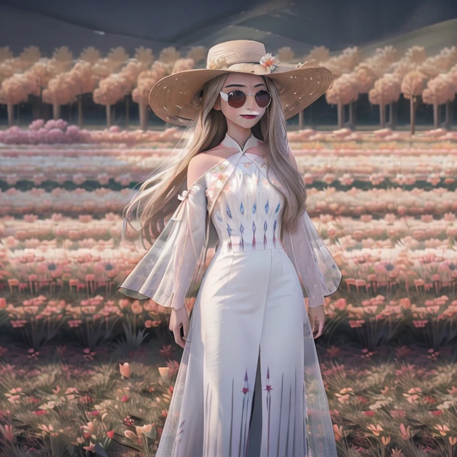 There is a beautiful Chinese woman standing in a field of tulips with a sun hat and wearing a white halter dress, longos cabelos castanhos ondulados, wearing sunglasses, alto e magro, Beautiful, sorriso sutil, Standing in the field of tulips, standing in a flower field, Woman standing in tulip field, girl standing in a flower field, standing in a field with flowers, ****** em um campo de flores, com campos de flores em primeiro plano, em um campo de flores, campos de flores, girl standing in flower field