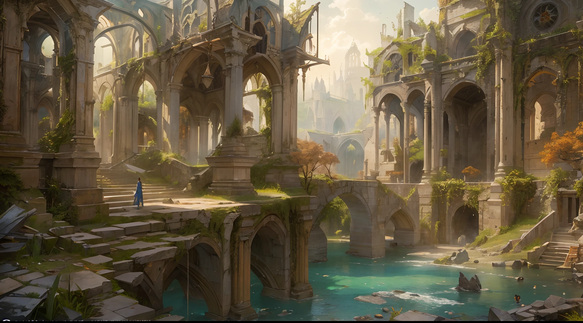 (by Greg Rutkowski: 1.2), (masterpiece), (best quality), extremely delicate and beautiful, illustration, (fantasy landscape), A mesmerizing fantasy landscape with enchanting elements blending seamlessly. (majestic ruin of Hall of Heroes), Providing a distant view that captures the grandeur and atmosphere. From Brian Froud and Carne Griffiths and Wadim Kashin and John William Waterhouse, 8K post-production, high resolution, hiper detailed, depth of field, HDR, intricate