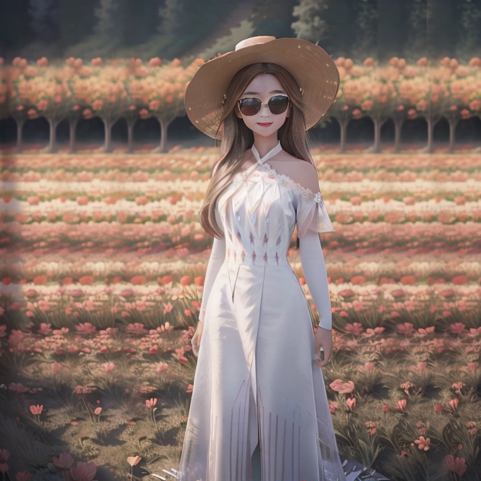 There is a beautiful Chinese woman standing in a field of tulips with a sun hat and wearing a white halter dress, longos cabelos castanhos ondulados, wearing sunglasses, alto e magro, Beautiful, sorriso sutil, Standing in the field of tulips, standing in a flower field, Woman standing in tulip field, girl standing in a flower field, standing in a field with flowers, ****** em um campo de flores, com campos de flores em primeiro plano, em um campo de flores, campos de flores, girl standing in flower field