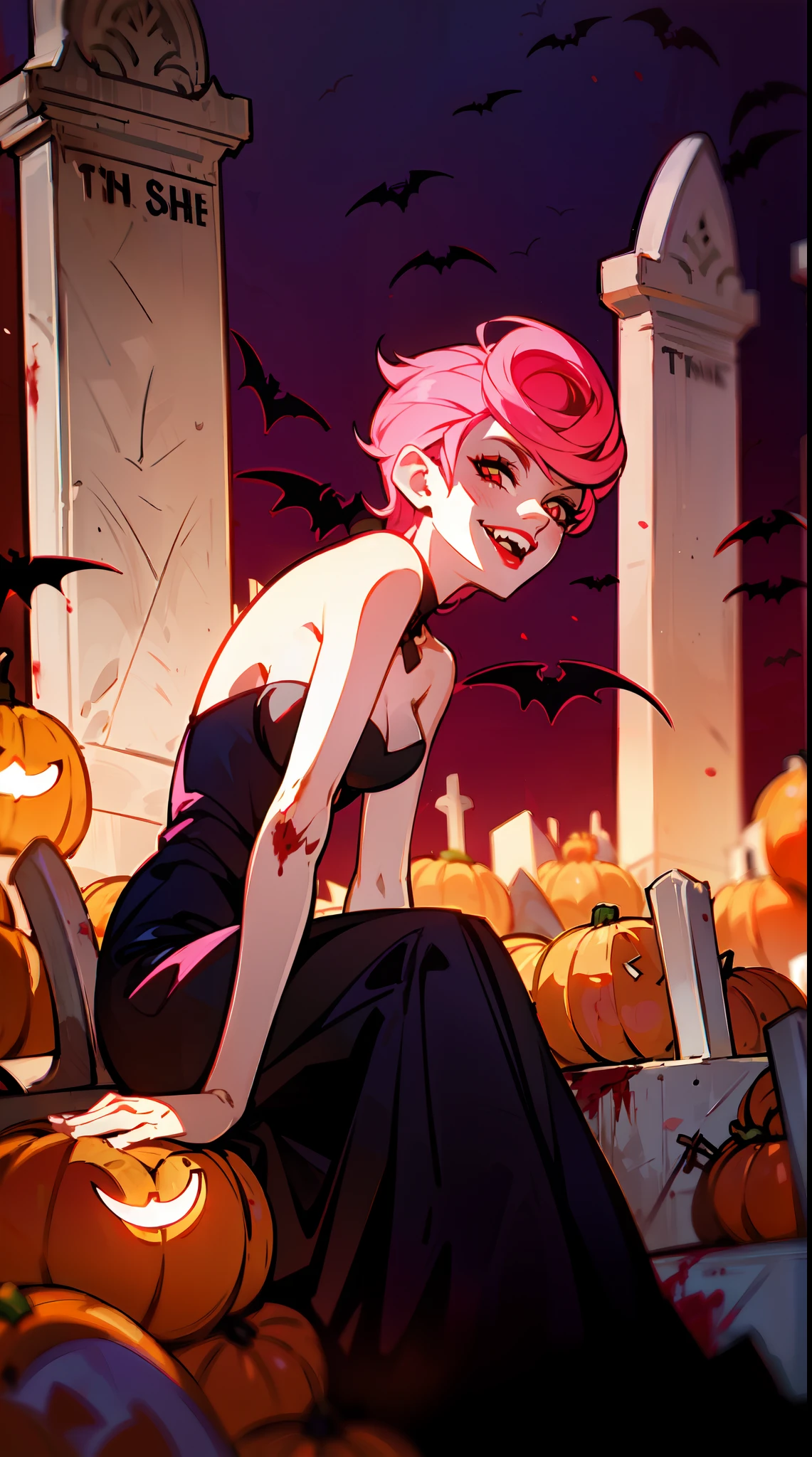 trish una, trishuna, trishjojo, lipstick, full lips, medium breasts, vampire, vampire fangs, fangs, blood, black vampire dress, pale white skin, night time, cemetery, graveyard, sitting, vampire bat, bats, skeletons, bones, pumpkins, (full lips), (evil smile), (fangs, teeth), dead bodies, corpses, bodies