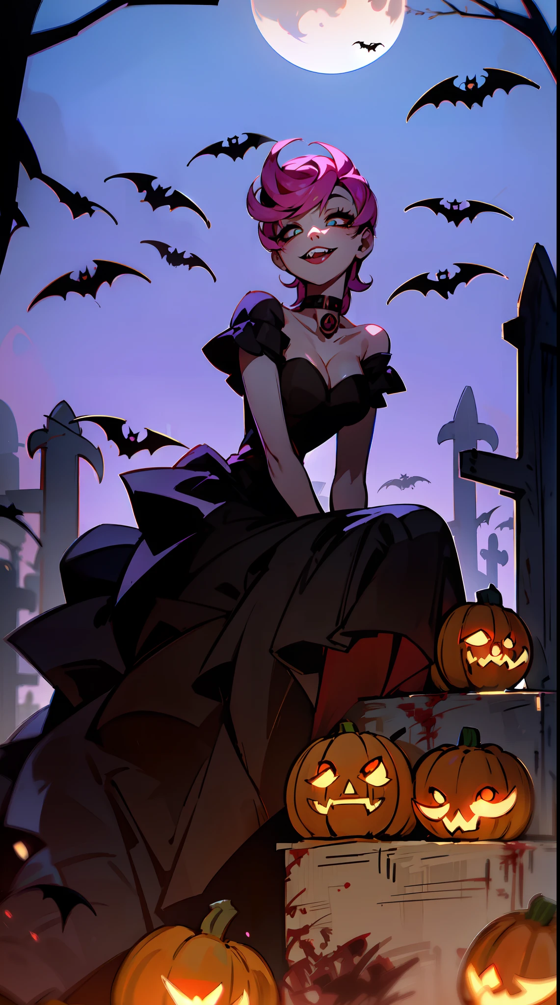 trish una, trishuna, trishjojo, lipstick, full lips, medium breasts, vampire, vampire fangs, fangs, blood, black vampire dress, pale white skin, night time, cemetery, graveyard, sitting, vampire bat, bats, skeletons, bones, pumpkins, (full lips), (evil smile), (fangs, teeth), dead bodies, corpses, bodies