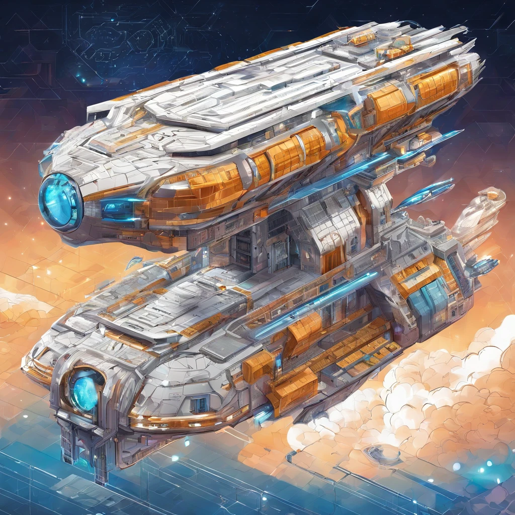 Condenes freighter spacecraft, 50 metros de comprometo, blindagem, ouro, branco, metal. futuristic warship background in futuristic shape flying through space