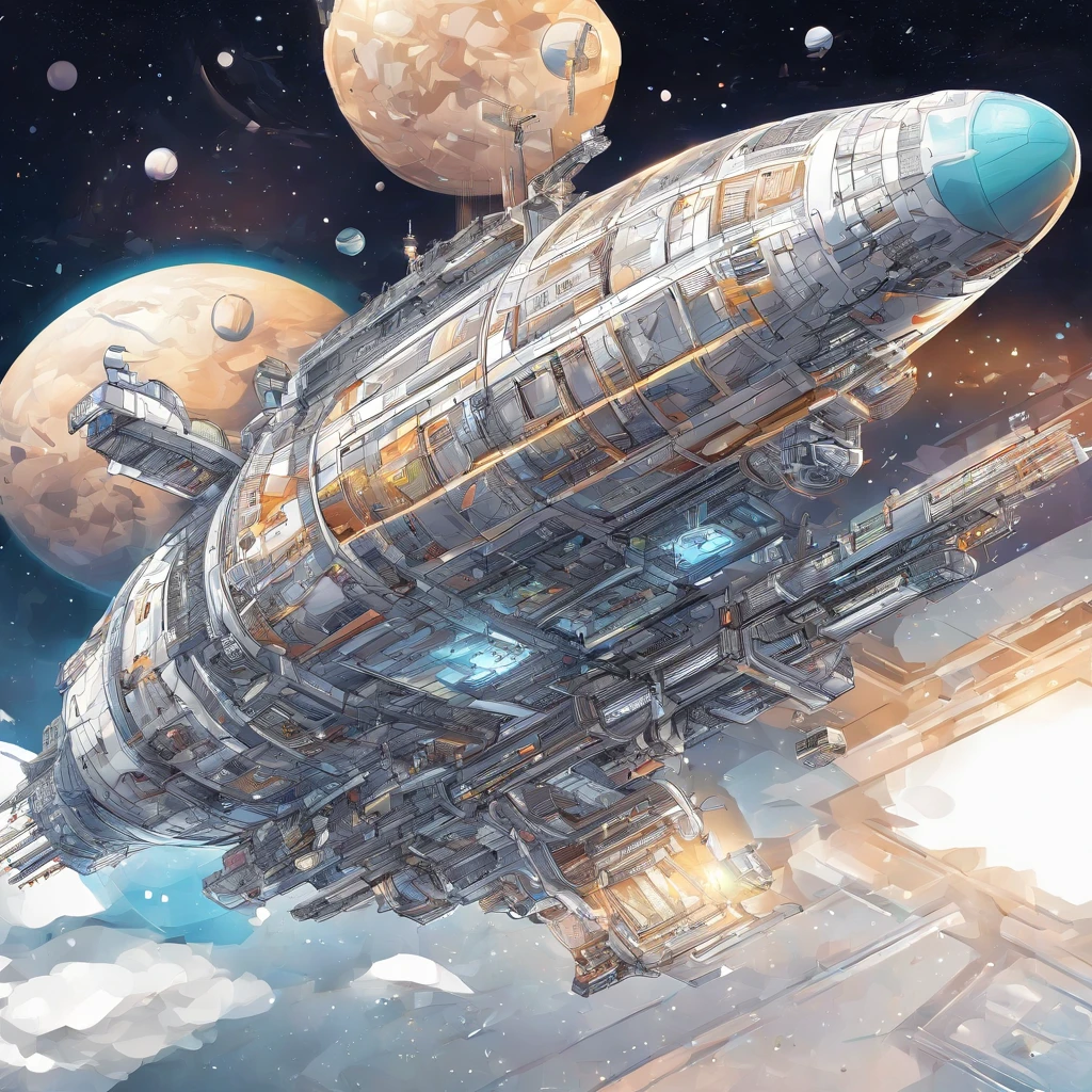 Condenes freighter spacecraft, 50 metros de comprometo, blindagem, ouro, branco, metal. futuristic warship background in futuristic shape flying through space
