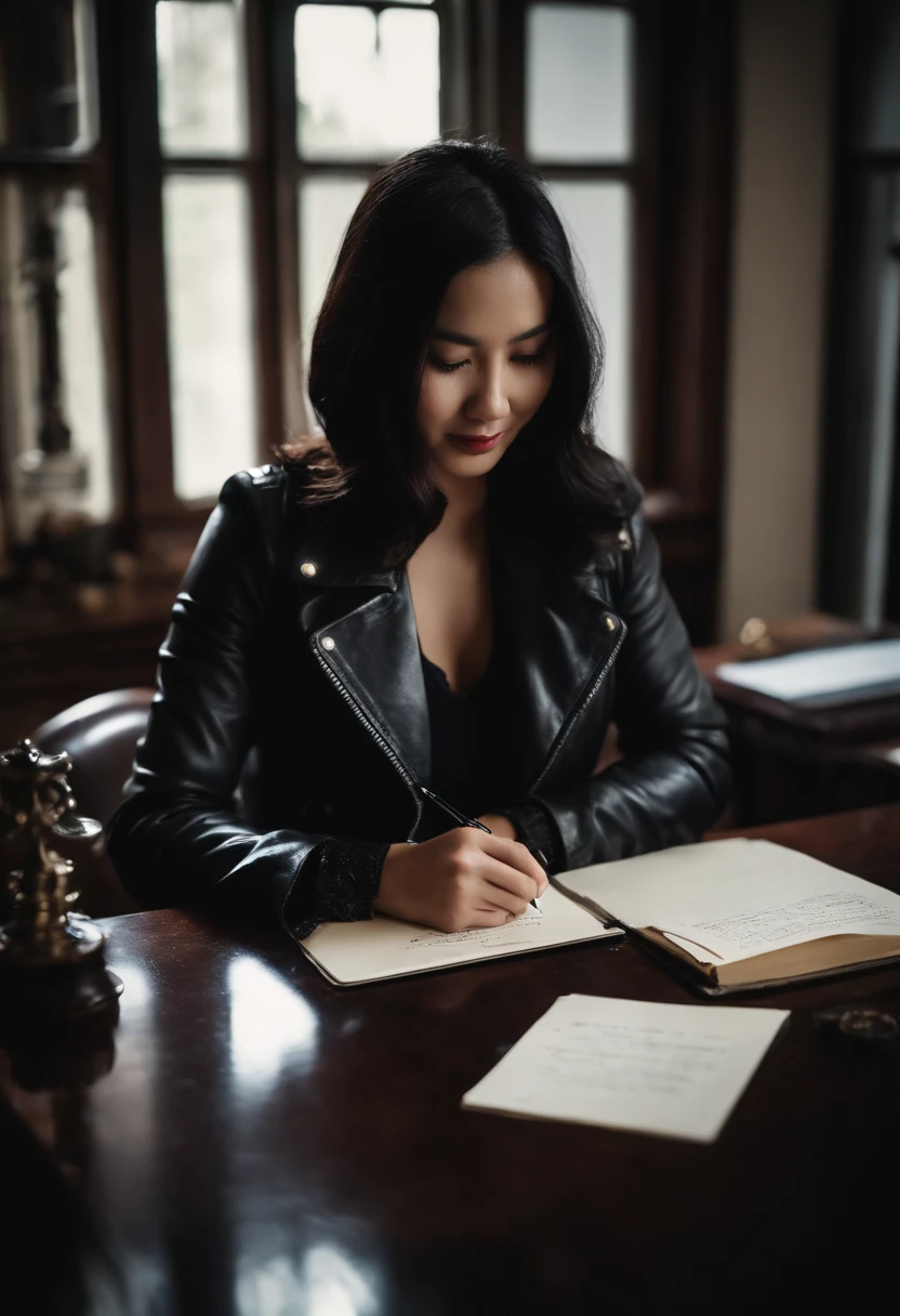 Wearing black leather gloves in both hands, upper body, black leather rider's jacket, facing the desk in the study, looking down and smiling, writing a letter using a fountain pen, black hair long straight, young Japanese woman (black leather gloves cover both hands)