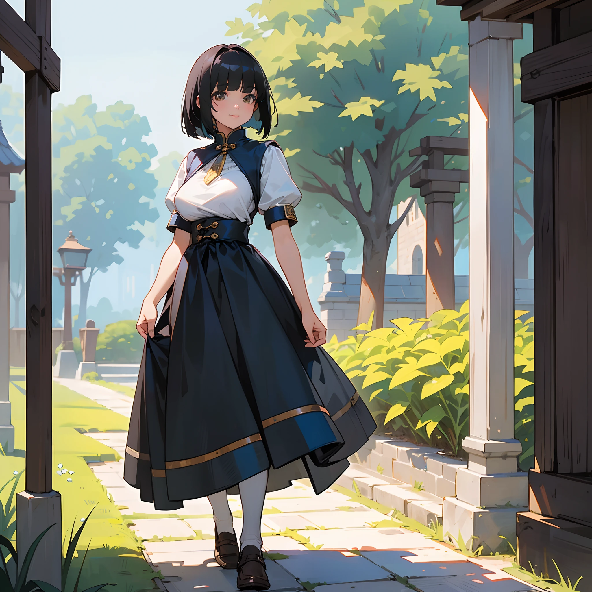With the best image quality、Teenage girl standing alone outdoors。In high resolution、Beautiful fine details、tranquil atmosphere。((Black Hair Bob Hair))、Cute smile。(((breasts are large)))、I don't have anything in my hands、realistic hand、Medieval European national costume with short sleeves、Medieval European Streets、Leather shoes。